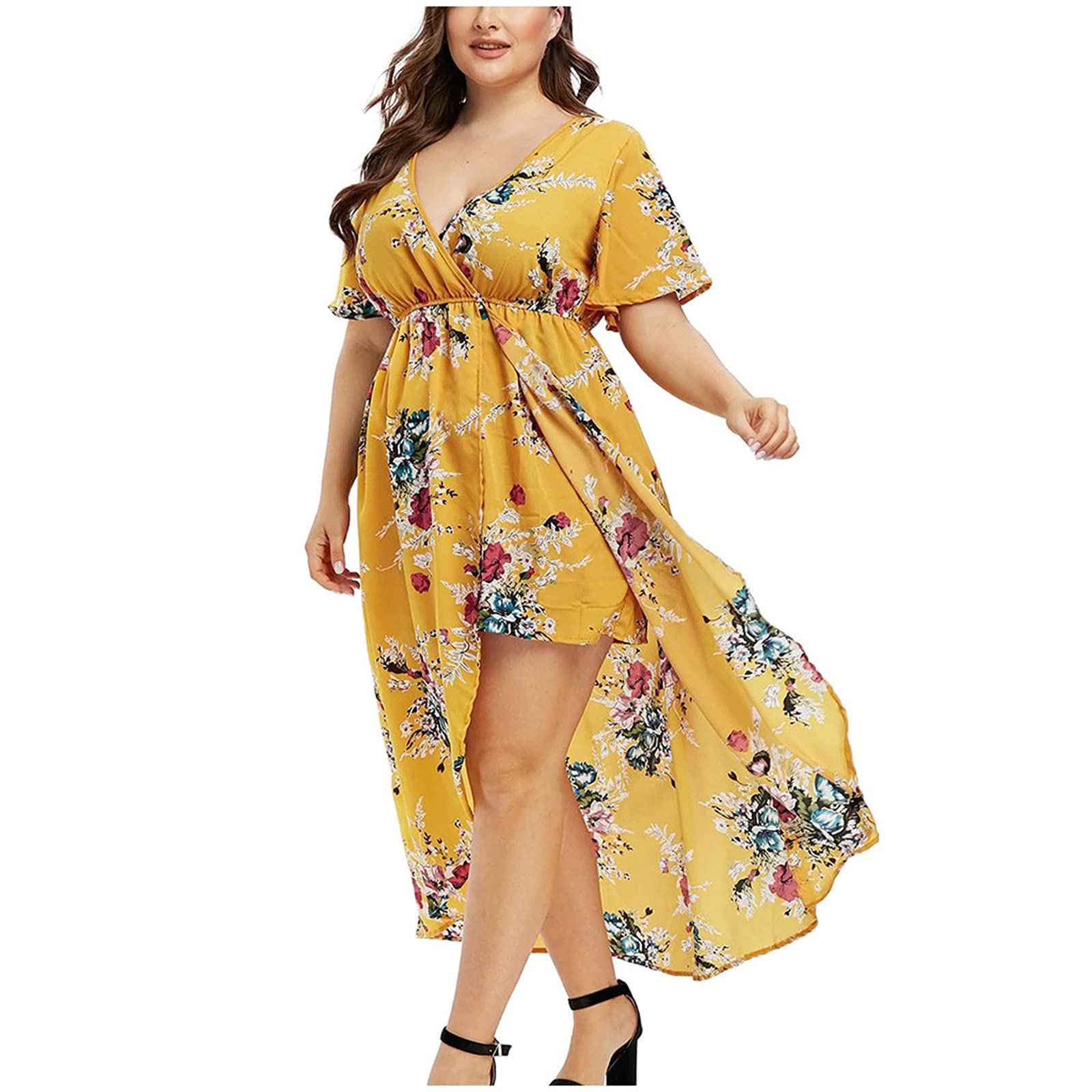 FengLS Women's V-Neck Plus Size Summer Beach Dress - Short Sleeve Waist Swing Dress with Sexy Slit | Casual Tunic Skirt for Vacation, Pool Party & Date Night