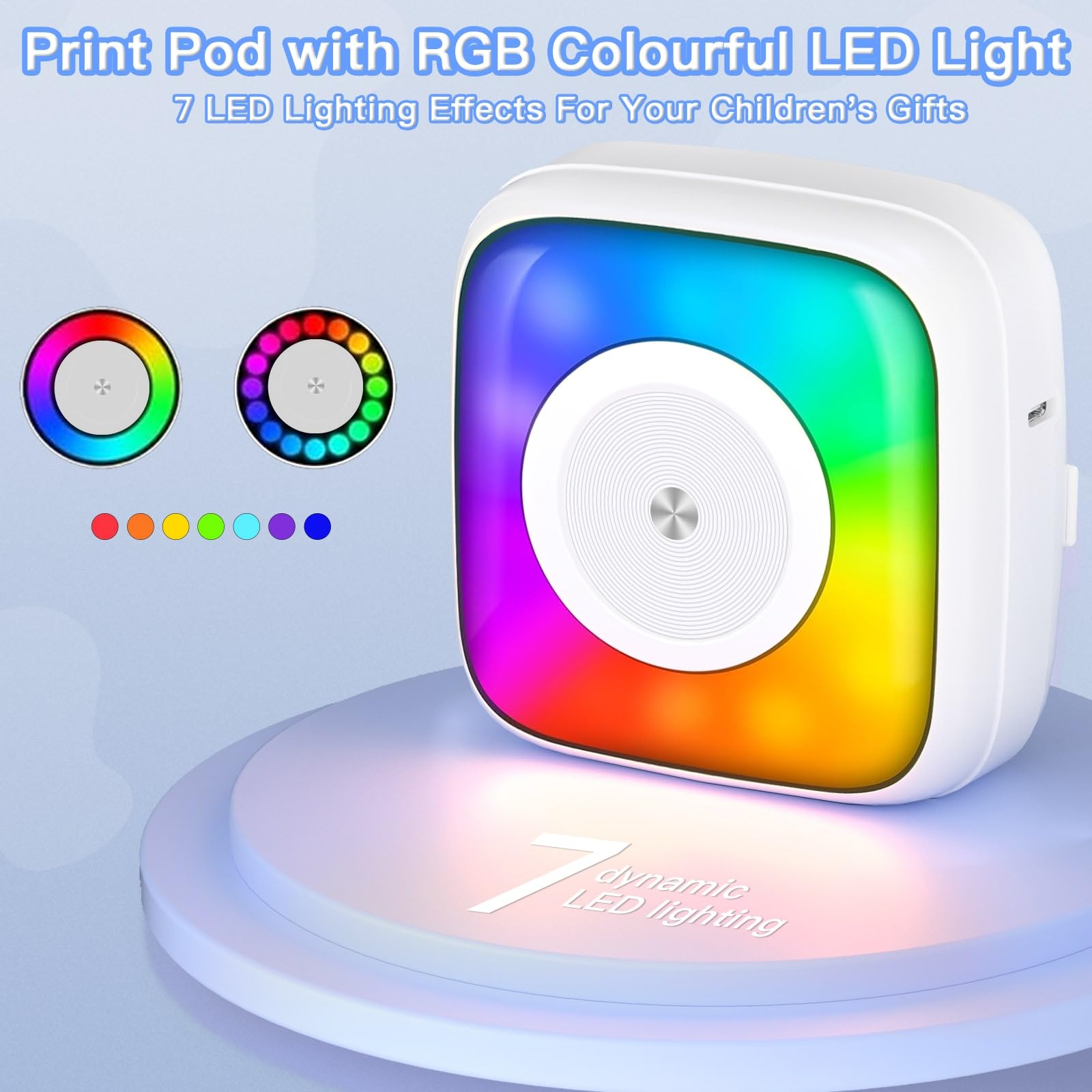 Mini Sticker Printer with 6 Rolls Paper - Portable Thermal Label Maker for DIY Scrapbooking, Travel Journal, Notes & Memos - 7 Color LED Light Modes - Wireless Bluetooth Compatible with iPhone & Android Phones (Perfect for Home Office, School Projects & Gift Wrapping)