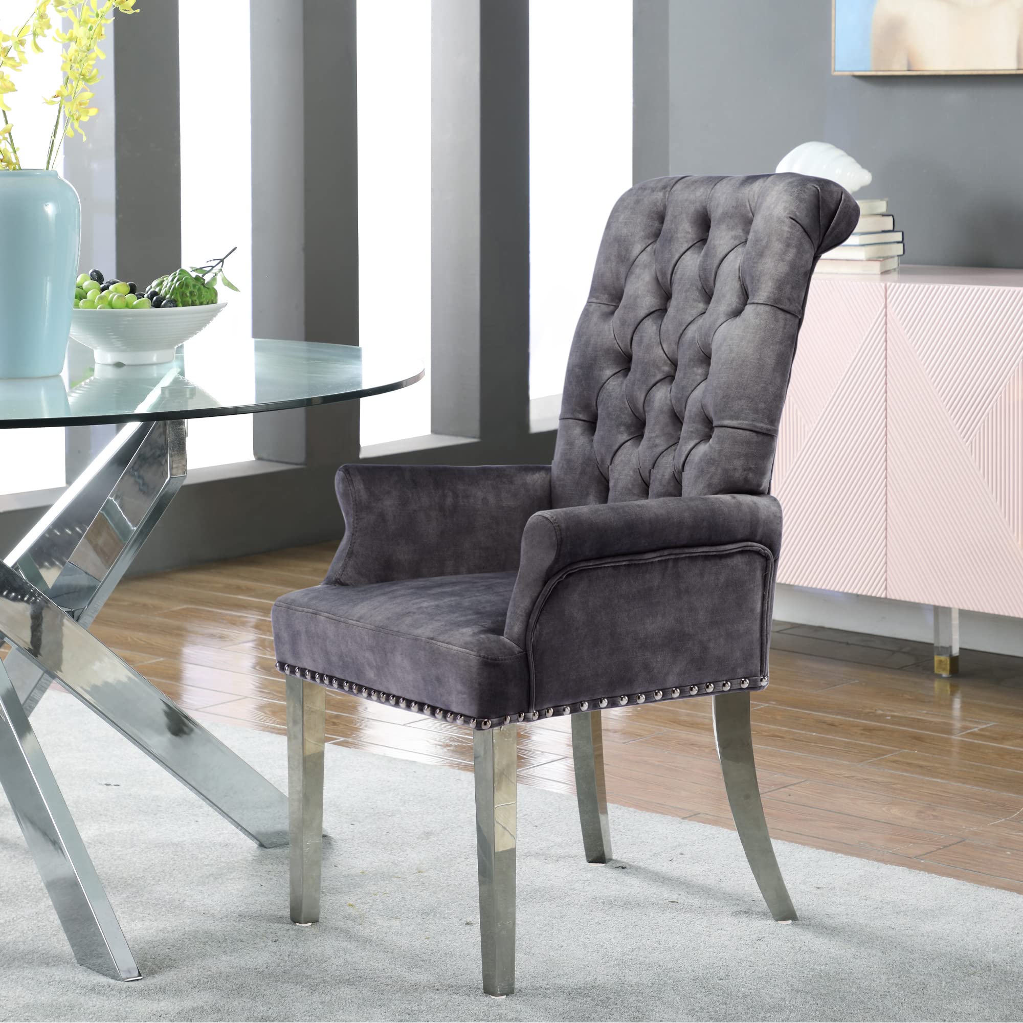 Luxury Velvet Dining Chairs with Tufted Upholstery & Stainless Steel Legs - Modern Armrest Dining Room Chairs in Dark Grey - Perfect for Home Dining, Restaurant, and Office Settings
