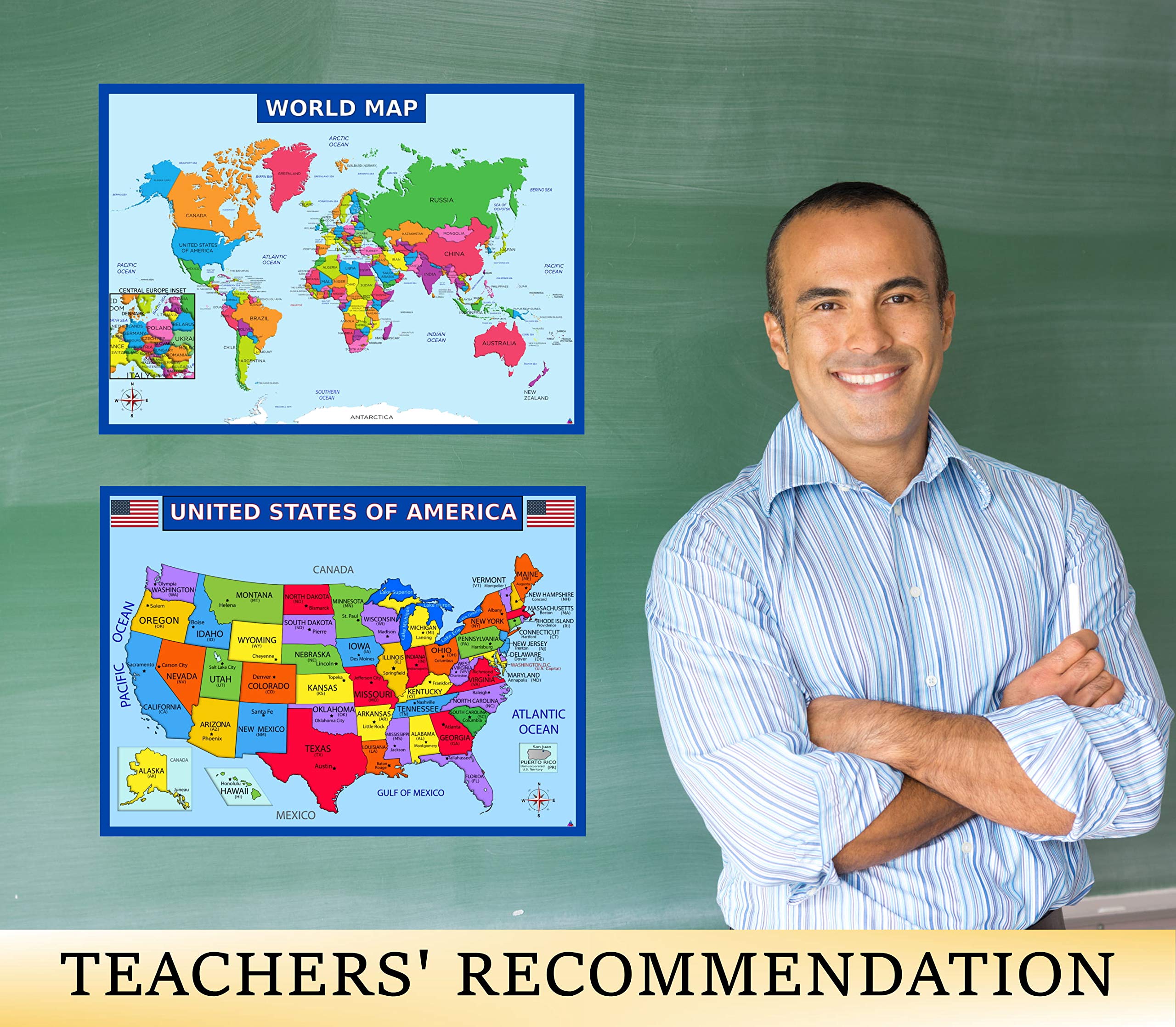 Educational World Map & Solar System Poster Set - Laminated 14x19.5 Inch USA Map & Space Chart for Kids Classroom Decor | Perfect for Elementary School Teachers, Homeschool Learning & Children's Bedroom Wall Art