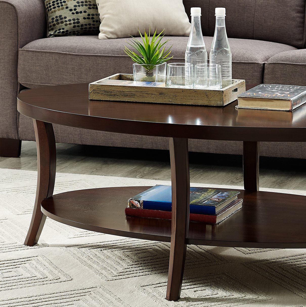 Roundhill Furniture Perth Contemporary Oval Coffee Table with Shelf - Espresso Finish - Perfect for Living Room, Office & Lounge Decor