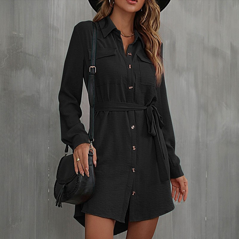 LOVEVOP Women's Lace-Up Cardigan Shirt Dress with Lapel - Stylish Commuter Outfit for Fall 2025 | Perfect for Office, Travel & Casual Wear