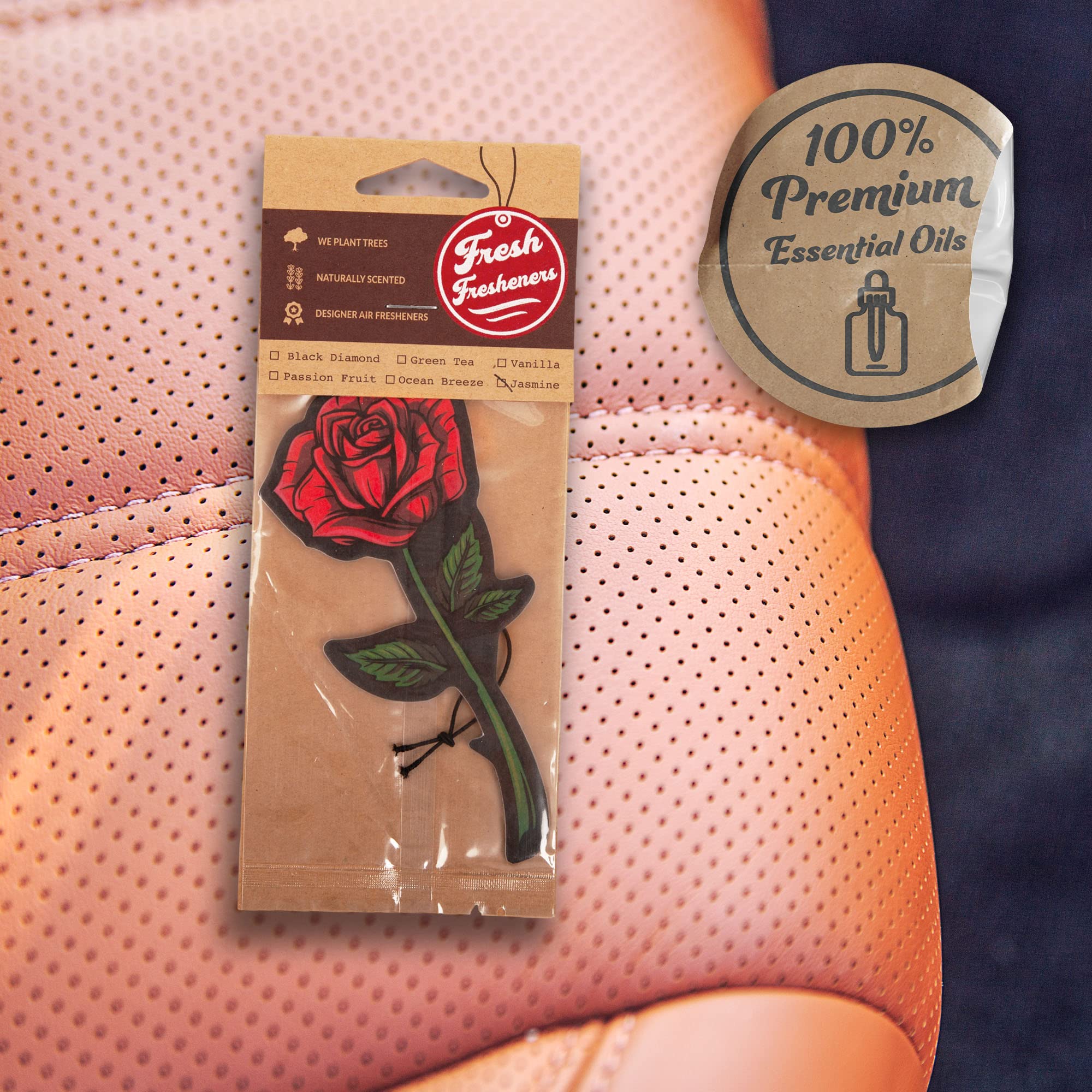 6 Pack Rose Car Air Freshener with Essential Oils - Long Lasting Natural Fragrance for Vehicles, Home & Office - Fresh Fresheners Brand