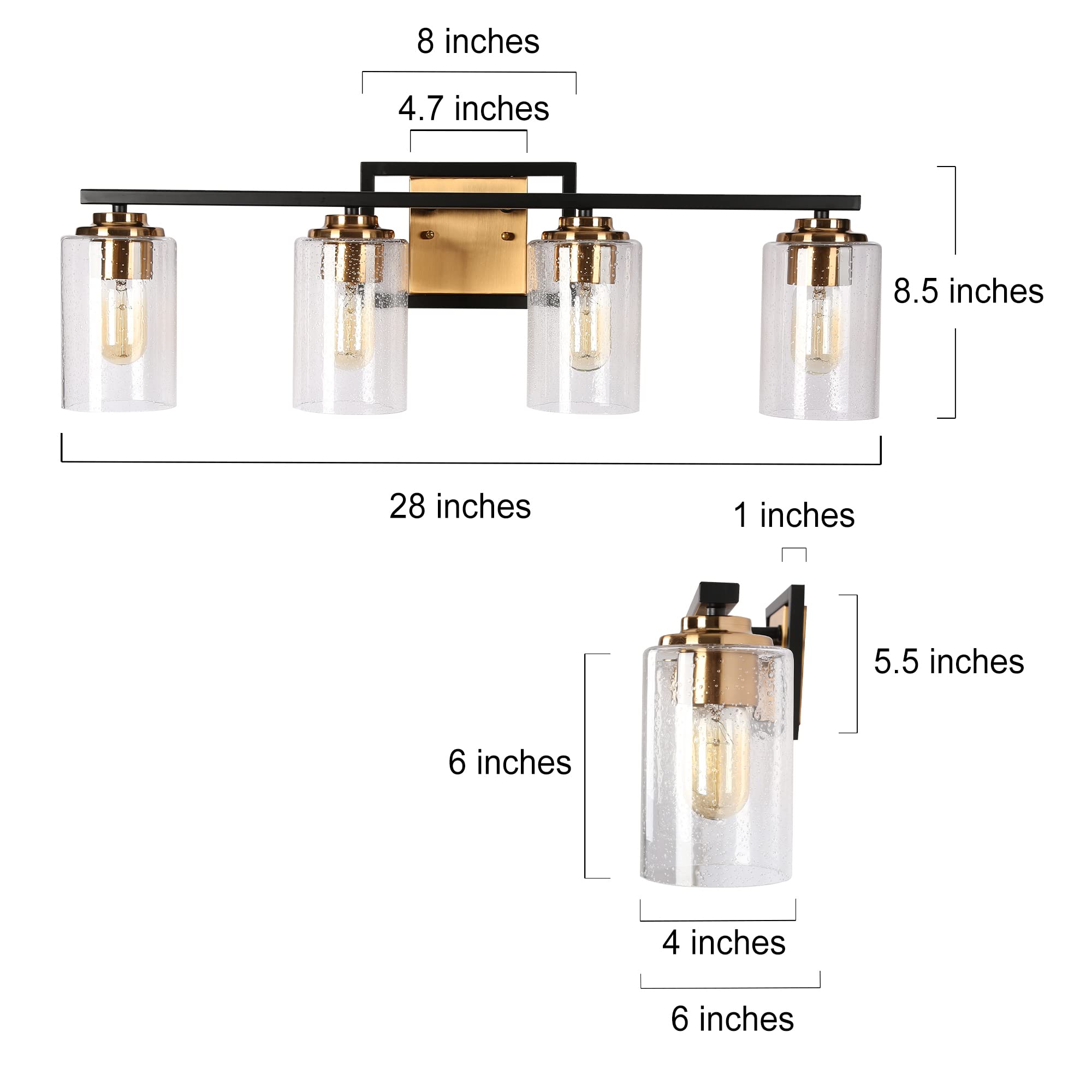 ZEVNI Modern Bathroom Vanity Light Fixture - 4-Light Black Gold Wall Sconce with Seeded Glass Shades for Mirror Lighting, 28