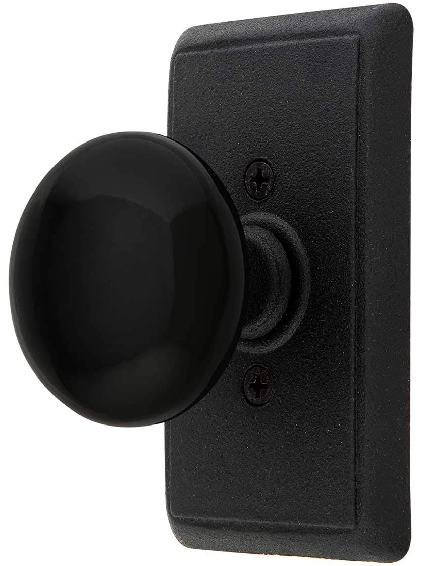 Wrought Steel Providence Door Set with Black Porcelain Door Knobs - Privacy Flat Black Finish for Bedroom, Bathroom & Interior Doors - Durable & Stylish Hardware for Home Security