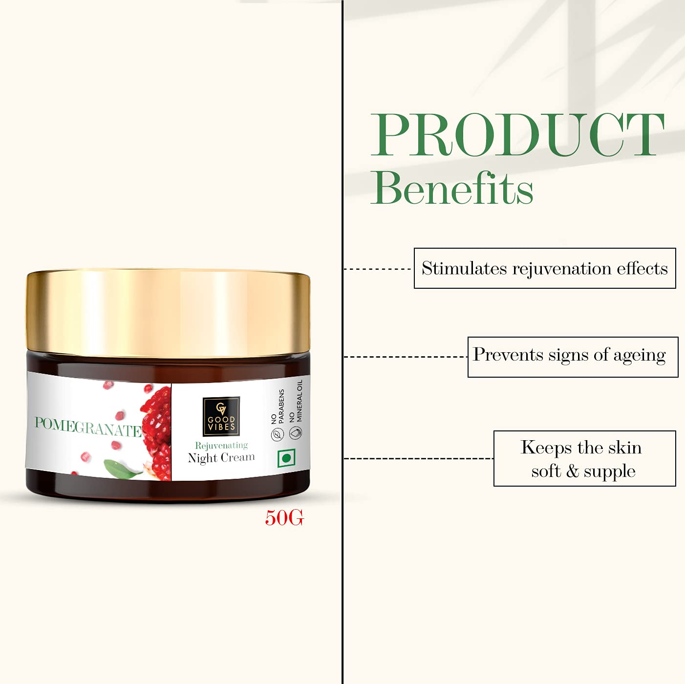 Good Vibes Pomegranate Rejuvenating Night Cream 50g - Anti-Aging Face Moisturizer for Dry Skin | Hydrating Night Treatment for Women | Perfect for Evening Skincare Routine & Overnight Skin Repair