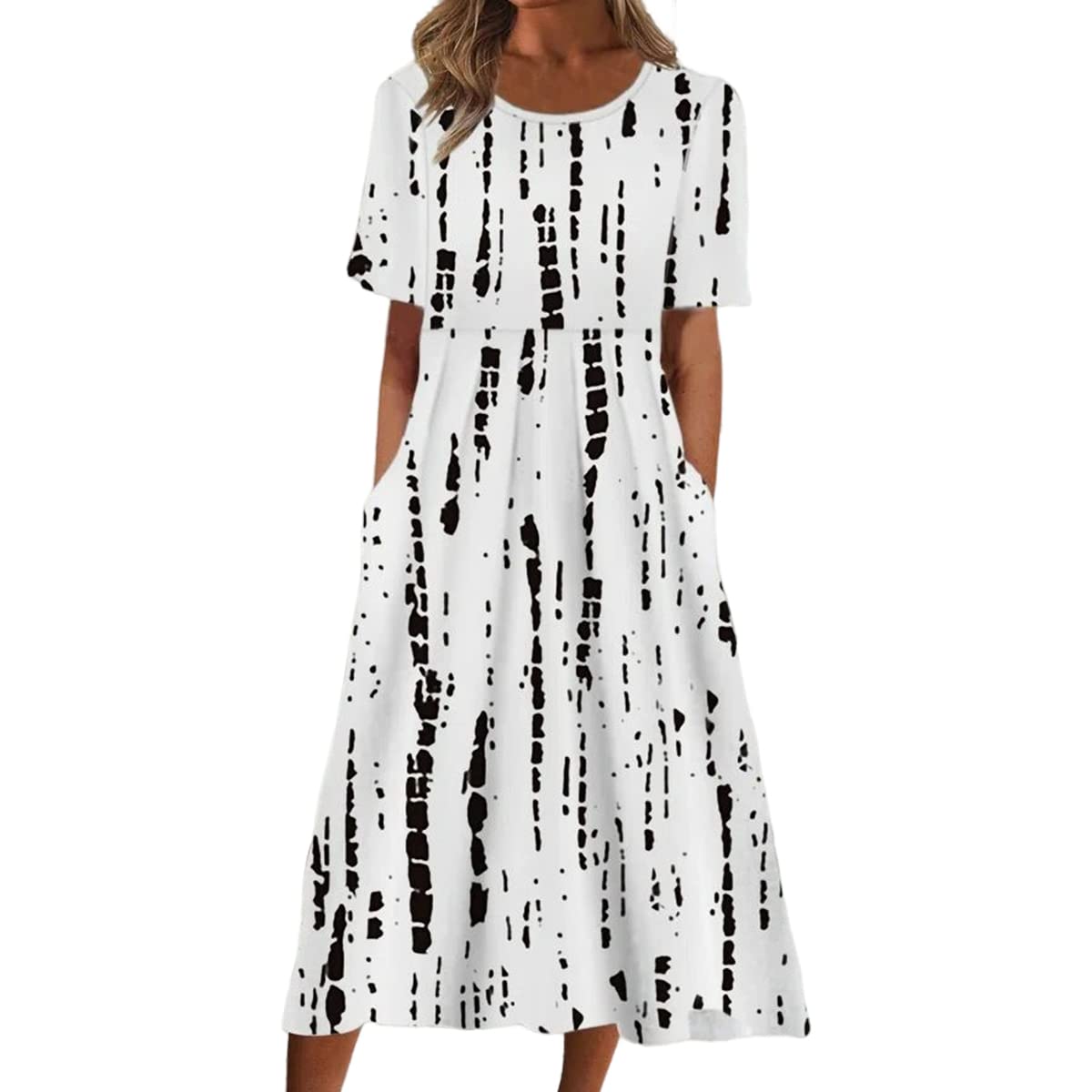 TIAFORD Women's Floral Print Short Sleeve A-Line Swing Dress with Pockets - Casual Crewneck Pleated Midi Dress for Summer Outings, Beach Vacations & Date Nights