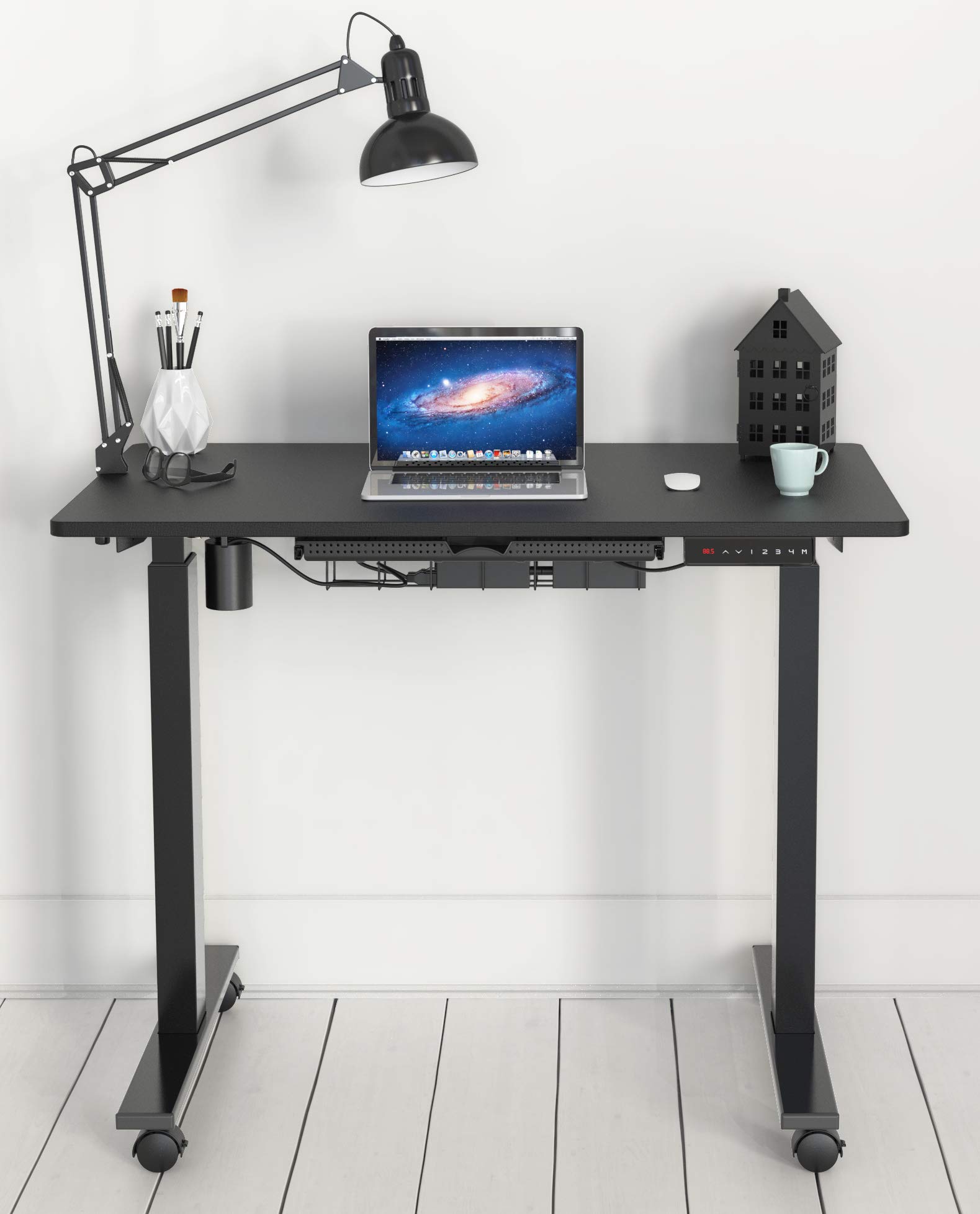 SHW 40 x 24 Inches Electric Height Adjustable Standing Desk with Drawer - Mobile Sit Stand Workstation with Hanging Hooks & Cable Management, Black - Perfect for Home Office, Study & Small Workspaces