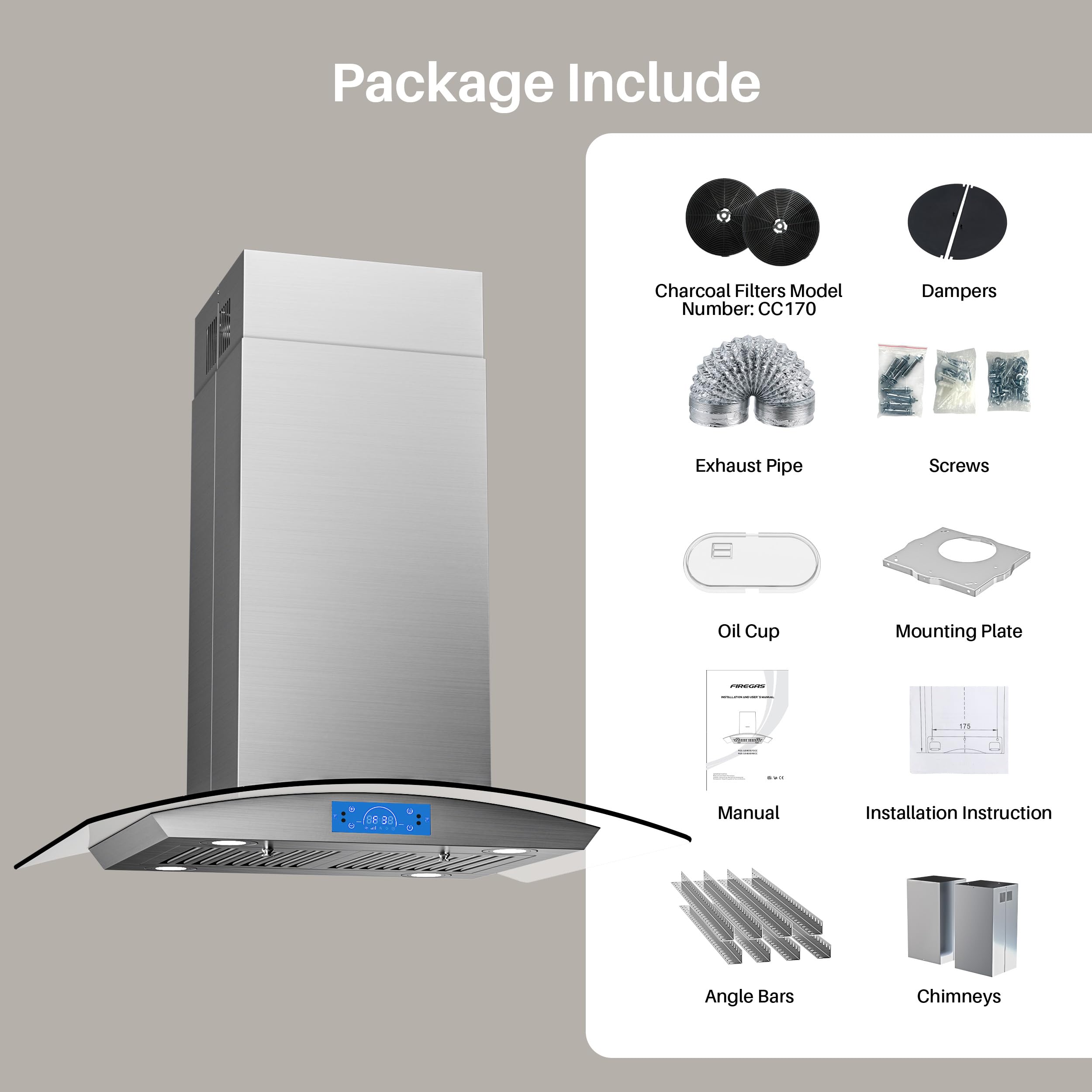 **FIREGAS 30-Inch Island Range Hood 700 CFM - Stainless Steel Chimney Mount Kitchen Vent Hood with Tempered Glass, 4 LED Lights, Permanent & Charcoal Filters, Touch Control Panel - Perfect for Open Kitchen & Modern Home Cooking**