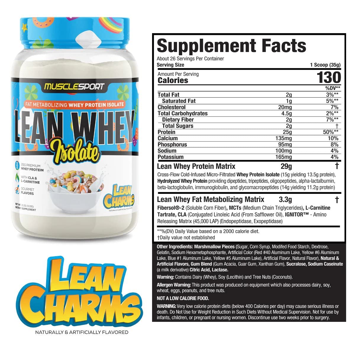 Musclesport Lean Whey Revolution™ Protein Powder - Whey Protein Isolate - Low Calorie, Low Carb, Low Fat - 25g Protein per Scoop (2lb, Lean Charms) - Perfect for Post-Workout Recovery & Weight Management