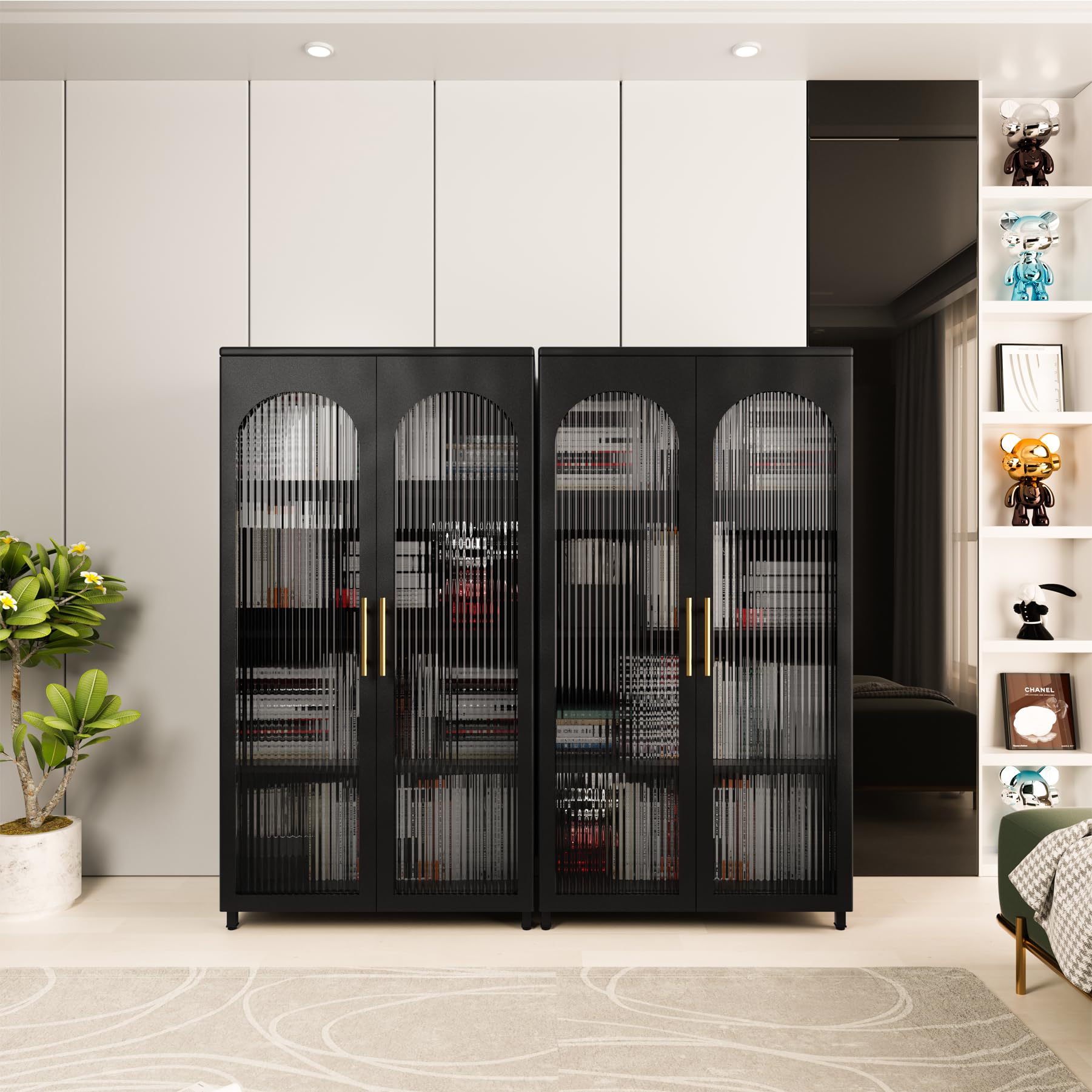Glass Door Storage Cabinet - Modern Sideboard Buffet for Living Room, Dining Room & Kitchen - Black Bookcase with Tall Doors - Perfect for Home Organization & Displaying Decor