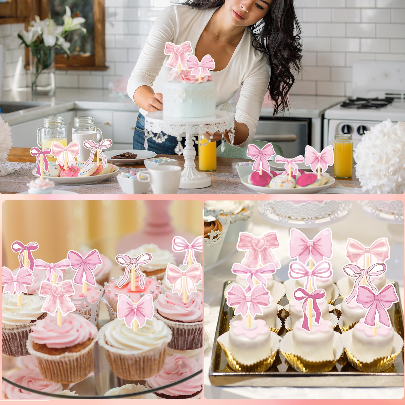 POP PARTY Coquette Birthday Decorations - 36PCS Pink Bow Cupcake Toppers & Party Decorations for Girls, Women | Cute Bow Themed Party Supplies for Birthday, Baby Shower, Bridal Shower & Tea Party