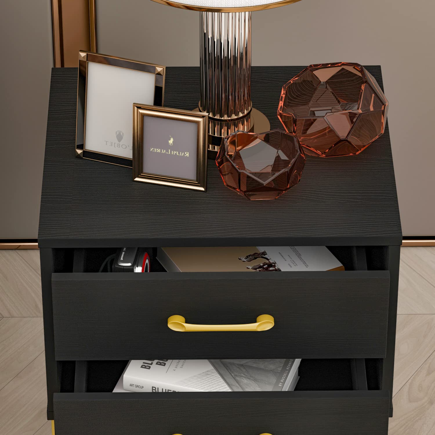 AIEGLE 2-Piece Black Nightstand Set with 2 Drawers - Wooden End Tables with Gold Metal Legs for Bedroom & Living Room (17.7