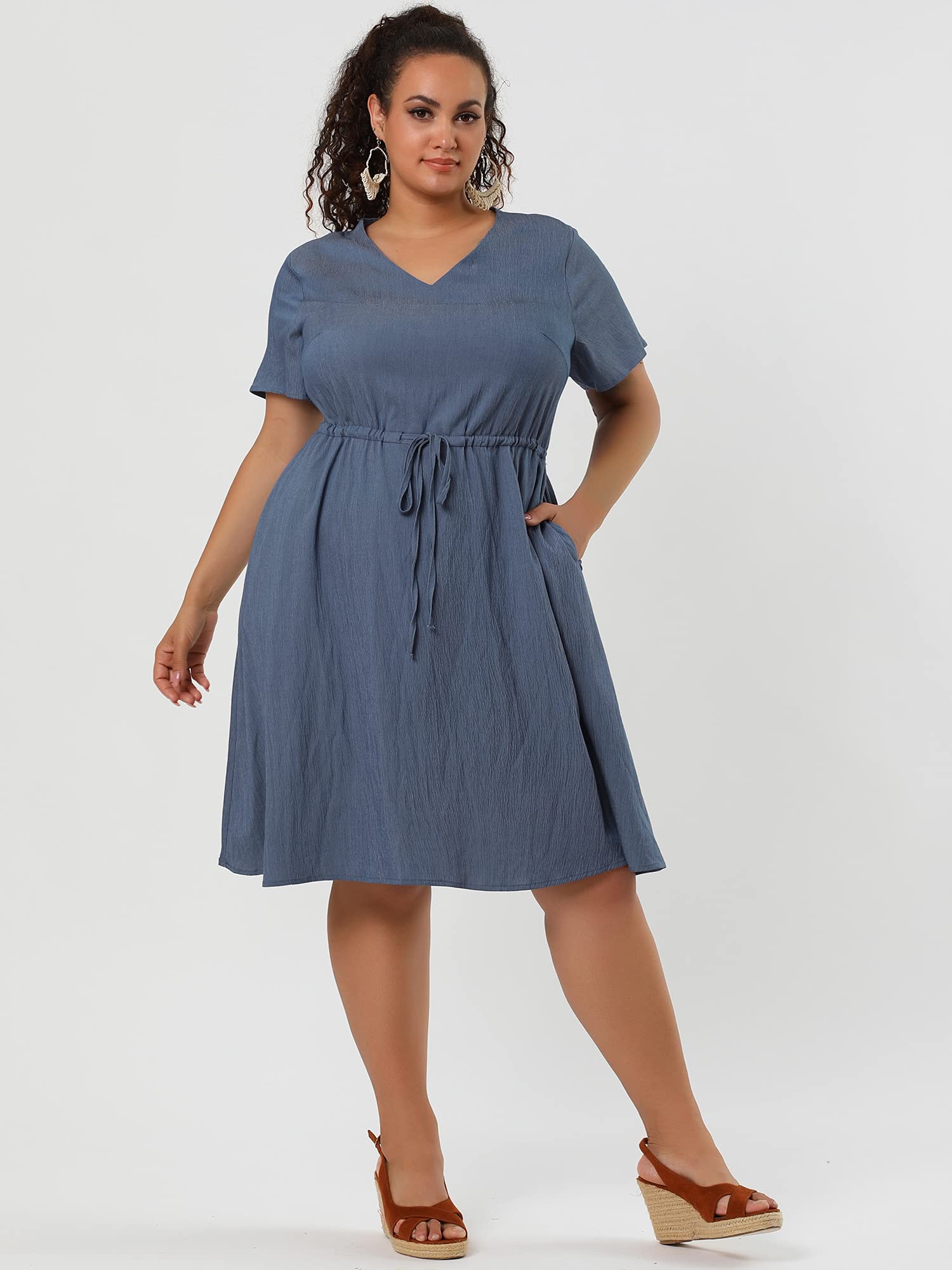 Agnes Orinda Women's Plus Size V-Neck Short Sleeve A-Line Flowy Midi Dress - Chambray Summer Dress 2024 | Casual Wear, Office Outfit, Beach Cover-Up, Date Night Dress