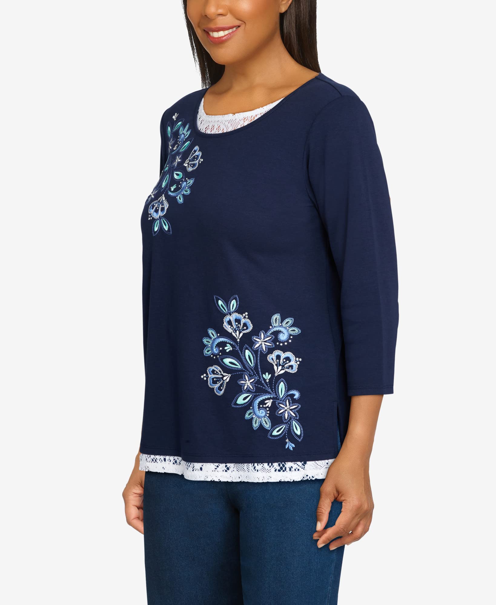 Alfred Dunner Women's Petite Floral Embroidery Blouse with Lace Trim - Floral Print Summer Tops for Casual Wear & Office Outfits