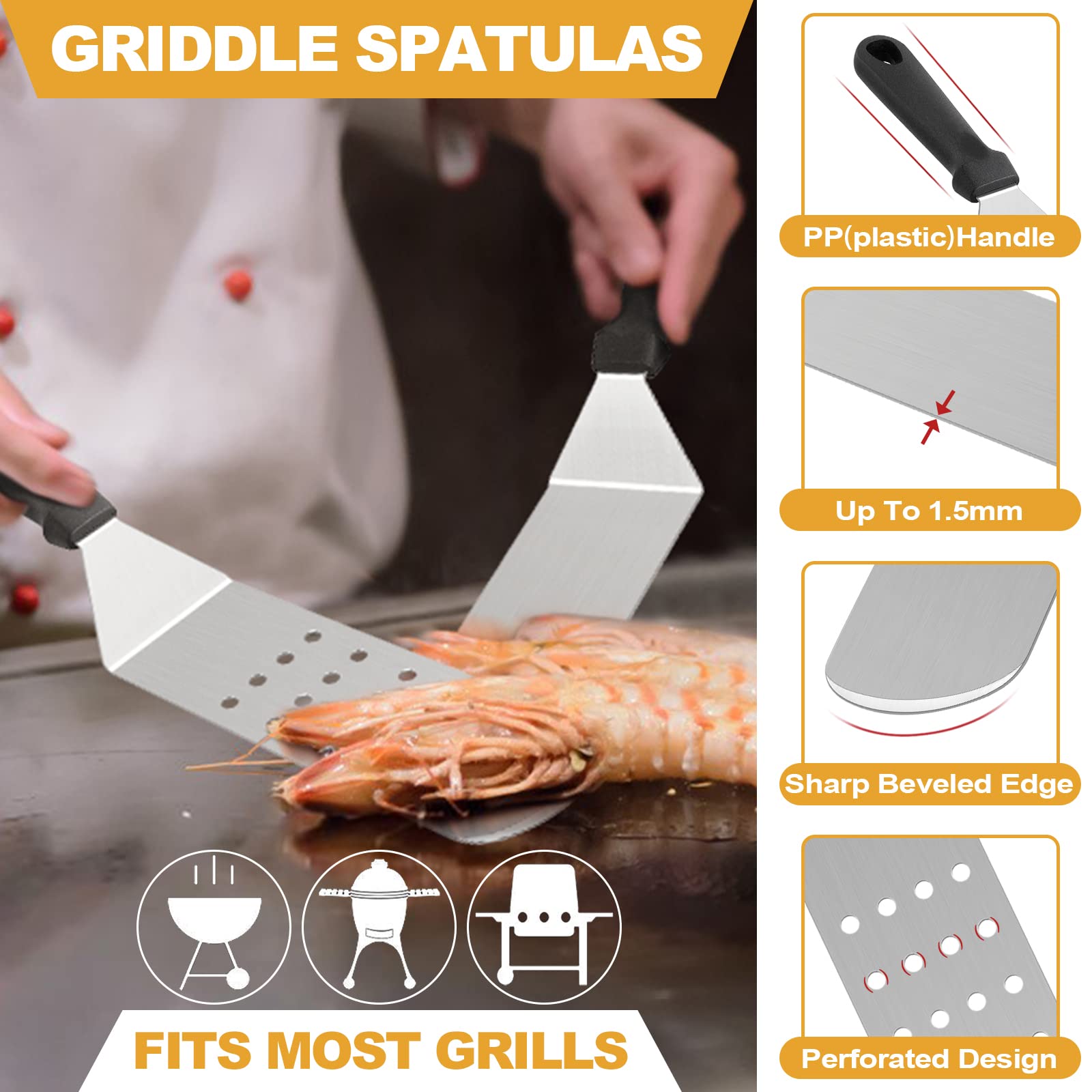 HaSteeL 5-Piece Heavy Duty Stainless Steel Griddle Accessories Kit - Professional Flat Top Grill Tools Set with Spatula, Pancake Flipper, Burger Turner & Scraper for BBQ, Cast Iron Cooking & Outdoor Grilling - Perfect for Backyard Parties, Camping & Restaurant Use