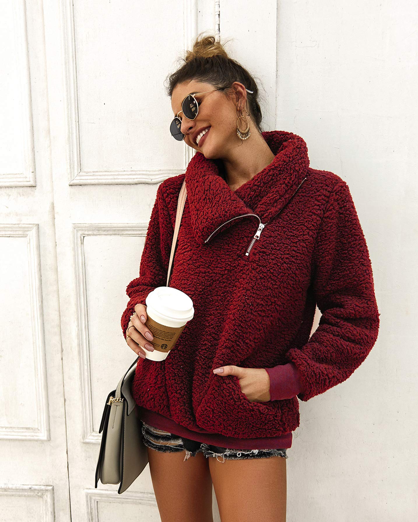 Women's Casual Turtleneck Fuzzy Fleece Sweatshirt - Long Sleeve Oblique Zipper Pullover Loose Sweater Tops Blouse with Pockets for Cozy Winter Outings