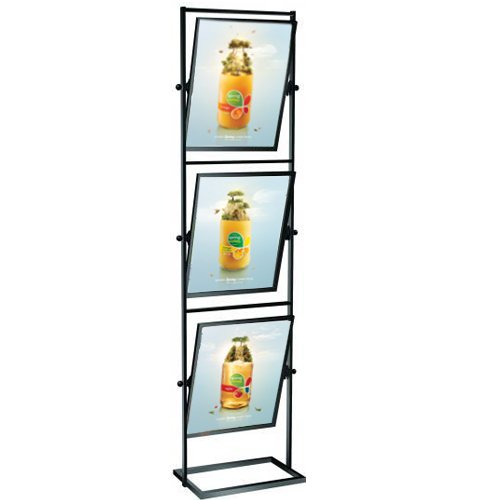 3 Tier Tilted Sign Holder Floor Stand for 22x28 Posters - Double Sided Adjustable Swivel Display for Retail, Restaurants & Events | Black/Silver Metal Frame Holds 3-6 Posters | Perfect for Store Promotions, Menu Boards & Trade Shows