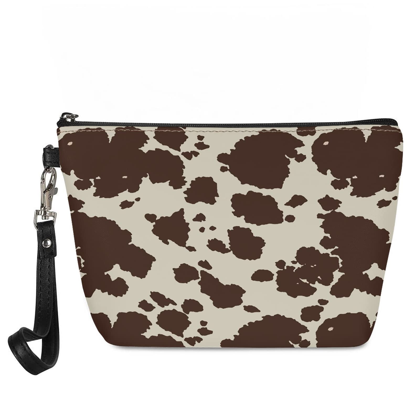 Wideasale Women's Travel Makeup Bag - Small Cosmetic Pouch with Zipper & Brush Storage, Portable Wristlet Clutch Purse Organizer (Brown Cow Spot) - Perfect for Travel, Gym & Everyday Essentials