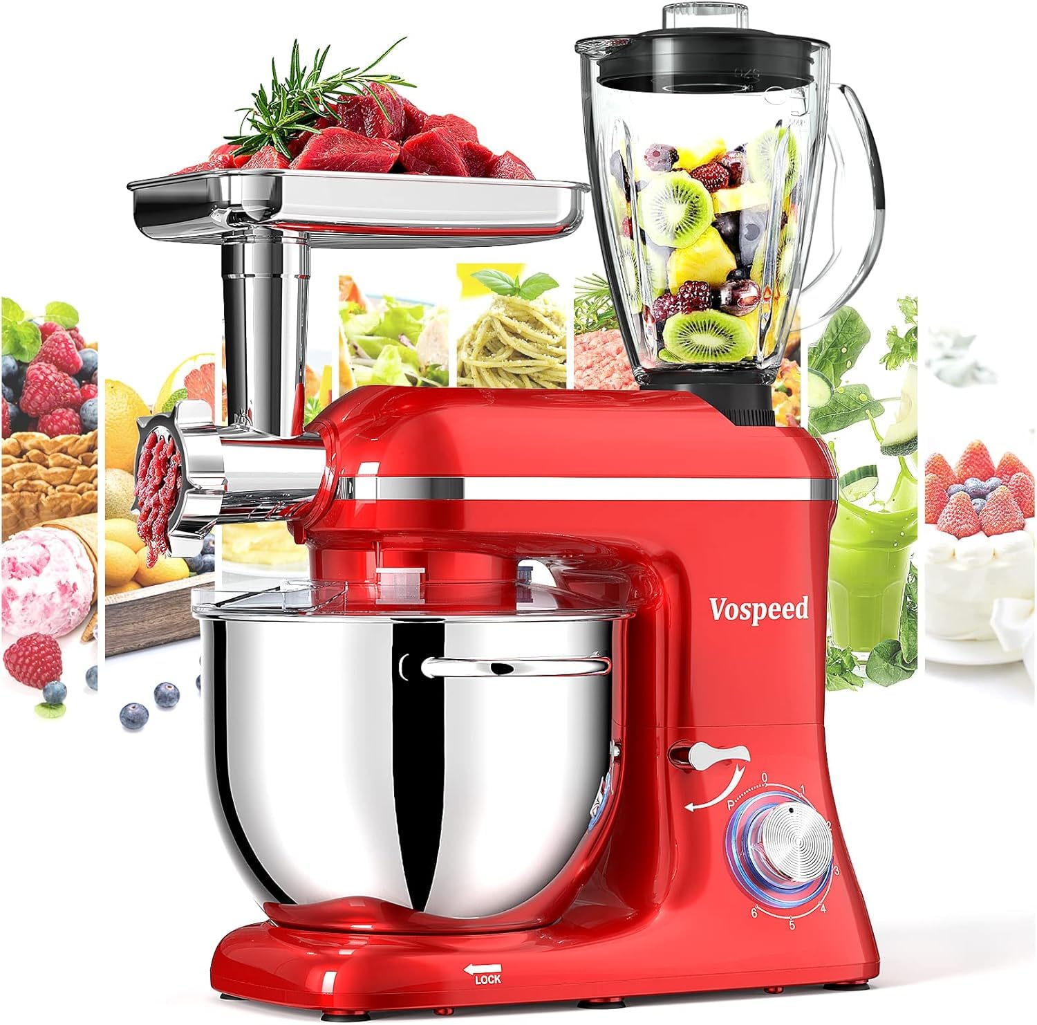 Vospeed 9-in-1 Stand Mixer 850W - Tilt-Head Electric Kitchen Mixer with 8 QT Stainless Steel Bowl, 1.5L Glass Jar, Meat Grinder, Dough Hook, Whisk & Beater - Dishwasher Safe (Red) - Perfect for Baking, Cooking, Grinding Meat & Mixing Dough at Home