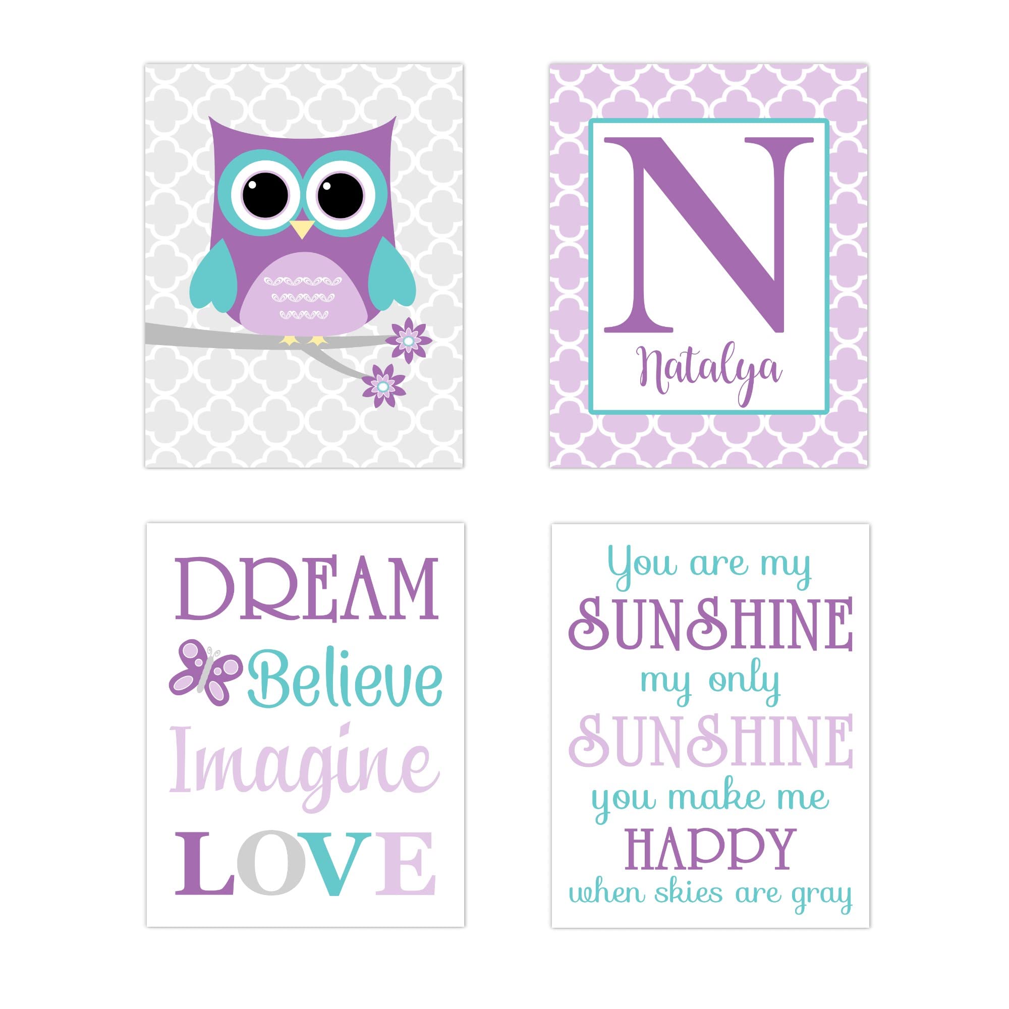 Personalized Owl Baby Girl Nursery Art - Purple Lavender Teal Aqua Wall Decor | 4 Unframed Prints | Perfect for Nursery, Bedroom & Kids Room Decor | You Are My Sunshine Theme