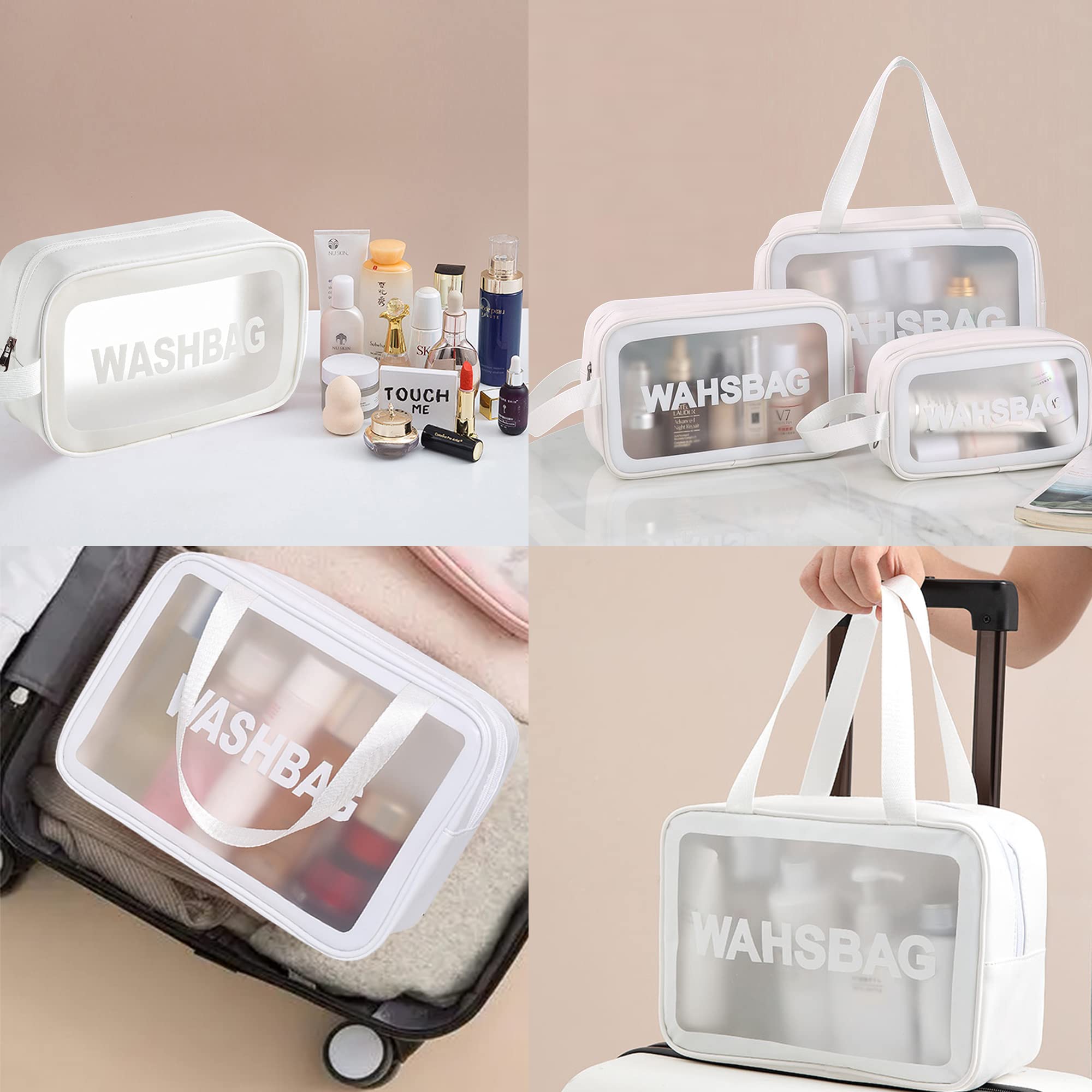 Waterproof Translucent Toiletry Bag Set for Women - 3-Piece Travel Cosmetic & Makeup Organizer for Bathroom, Gym, and On-the-Go Essentials (White) | Perfect for Air Travel, Weekend Getaways & Daily Use