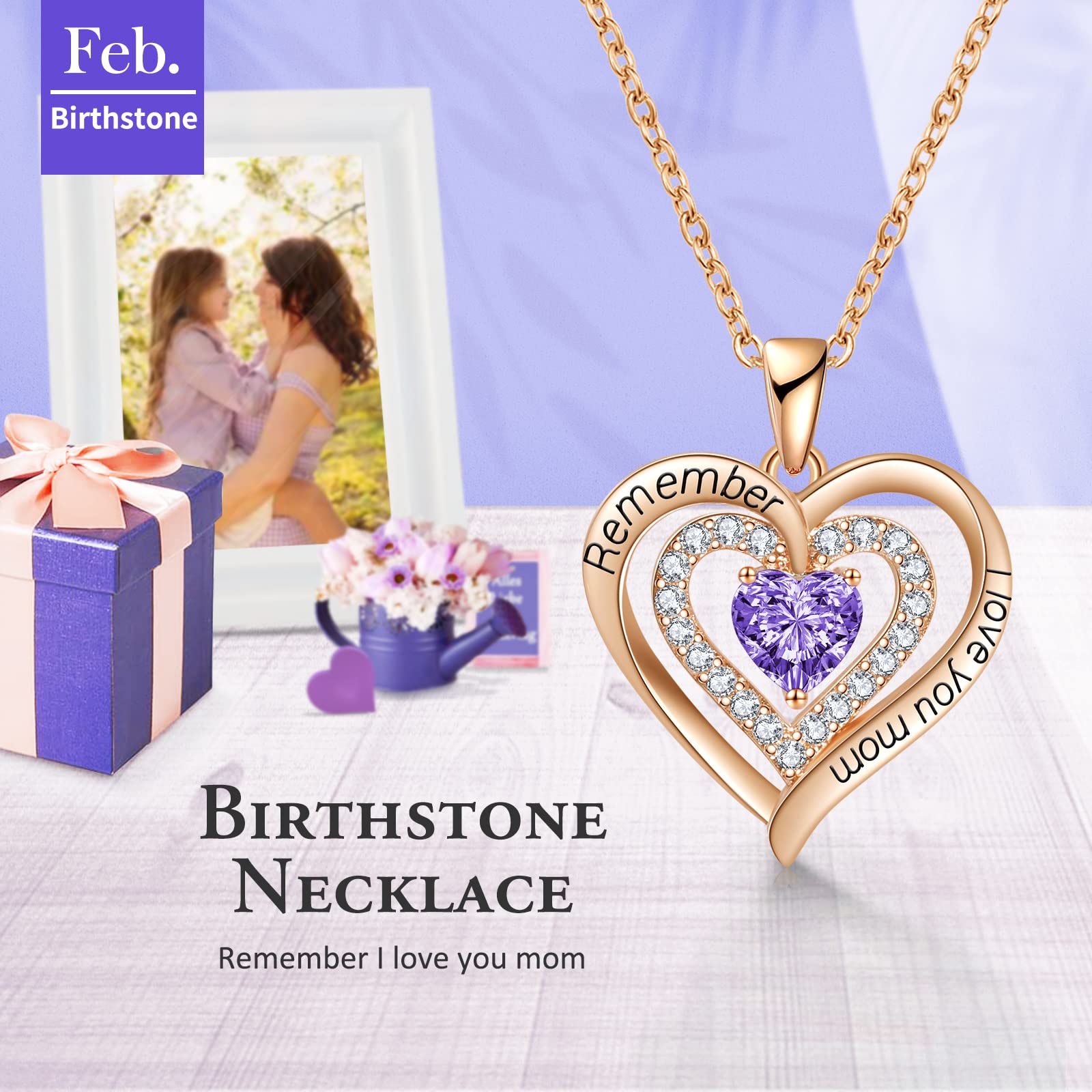 LIANYU Birthstone Heart Pendant Necklace for Women - Diamond Mother's Jewelry Gift for Christmas, Birthday, Mother's Day & Valentine's Day | Elegant Present from Daughter to Mom for Special Occasions & Daily Wear
