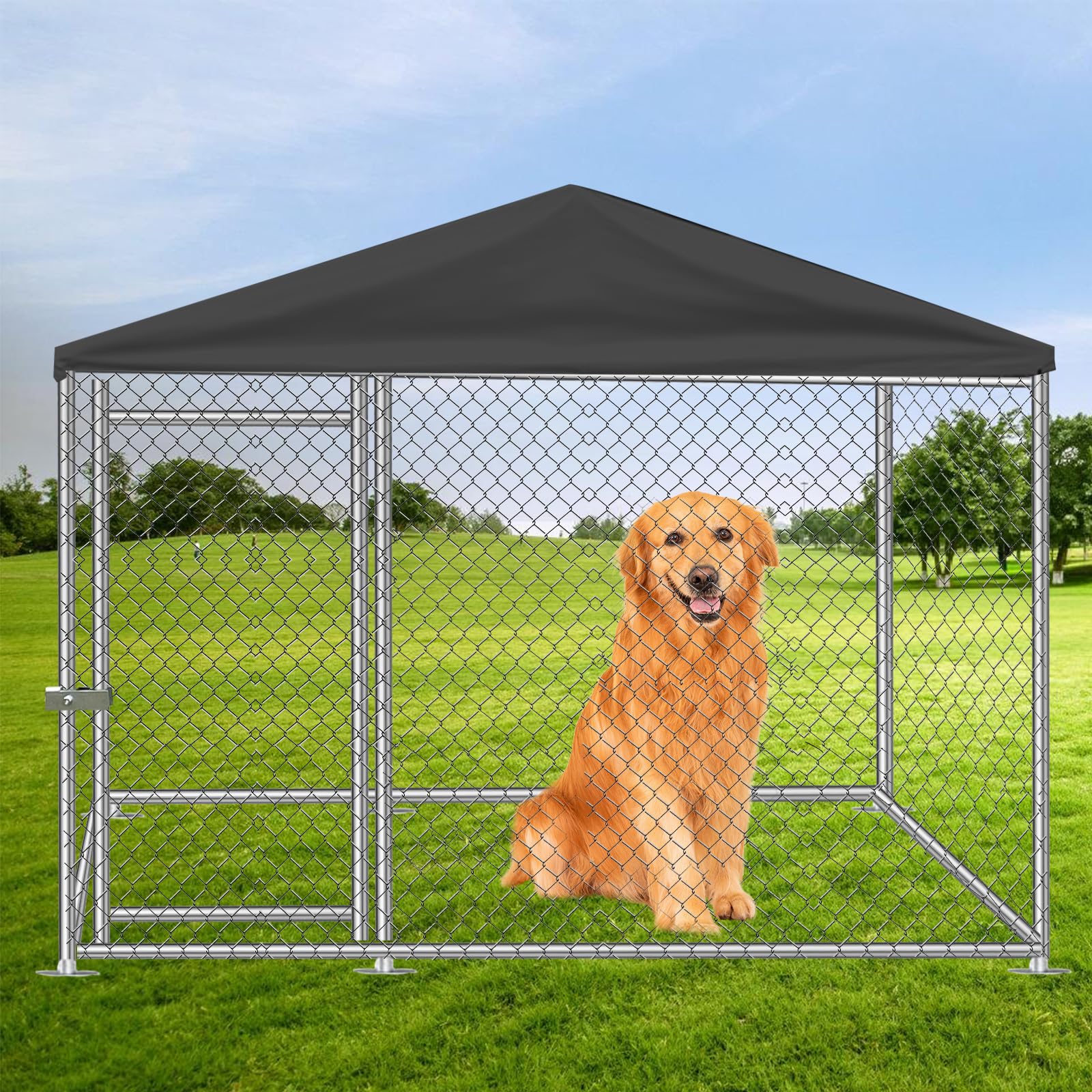10'x10'x5.5' Large Outdoor Dog Kennel with Waterproof Cover - Heavy Duty Metal Dog Pen, Secure Locking Pet Fence for Backyard, Garden & Patio - UV Resistant for All Weather Protection | Perfect for Large Breed Dogs, Puppy Training & Outdoor Play Areas