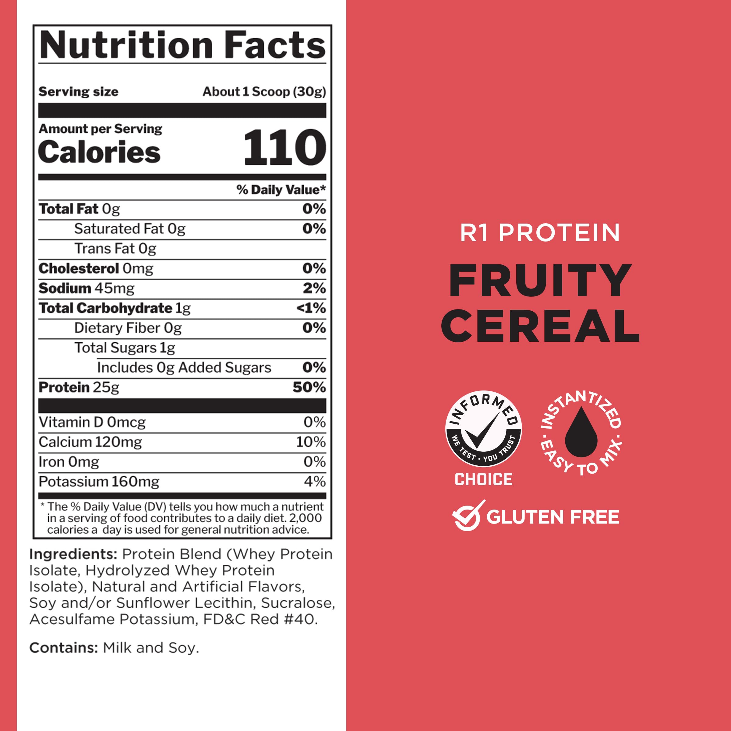 Rule One Proteins R1 Protein Powder - 25g Fast-Absorbing Whey Isolate & Hydrolysate with 6g BCAAs, Super-Pure Formula (2lb, Fruity Cereal Flavor) for Post-Workout Recovery & Muscle Growth