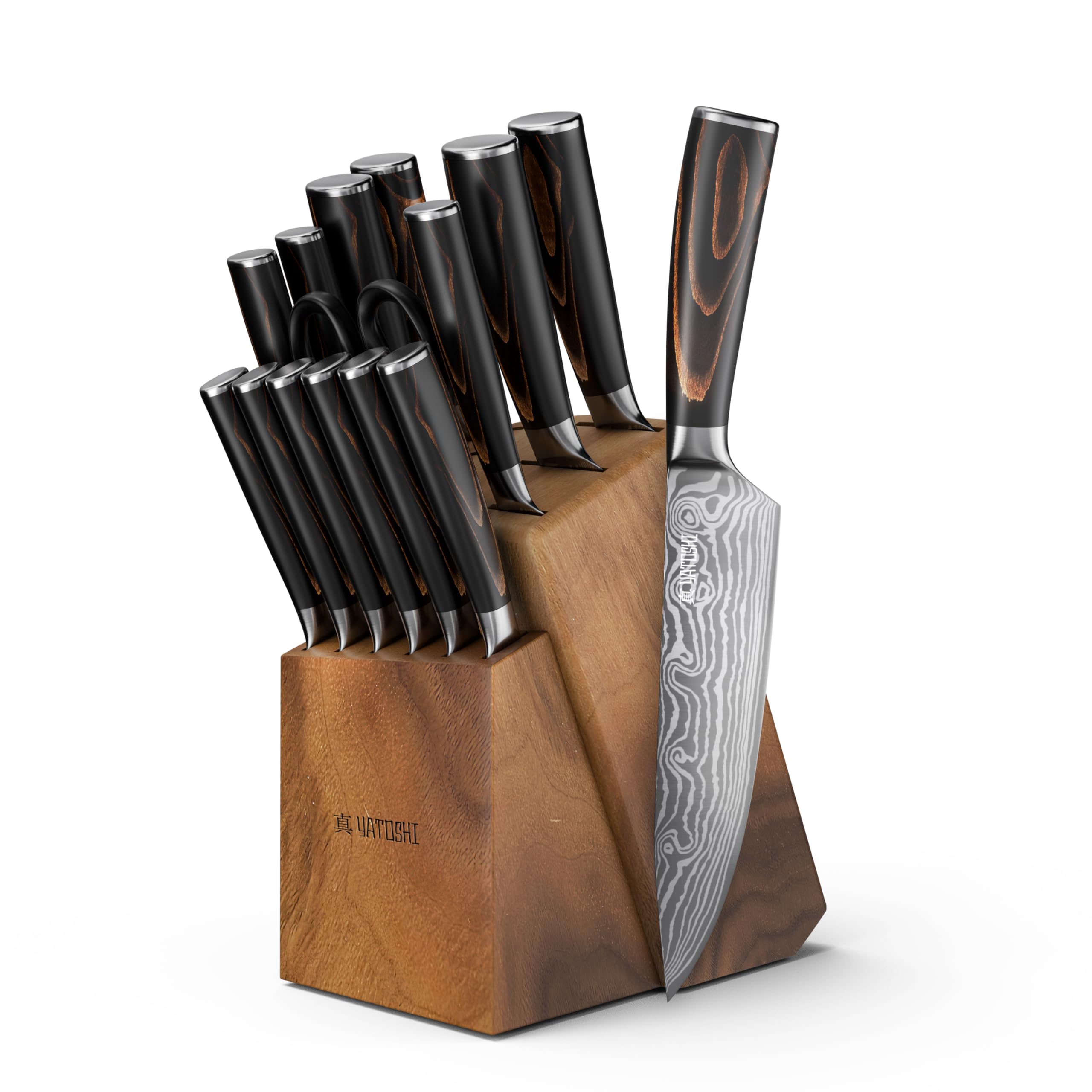 Yatoshi 15-Piece Professional Knife Block Set - Ultra Sharp High Carbon Stainless Steel Kitchen Knives with Ergonomic Handle for Chefs & Home Cooking | Perfect for Slicing, Dicing, and Food Prep