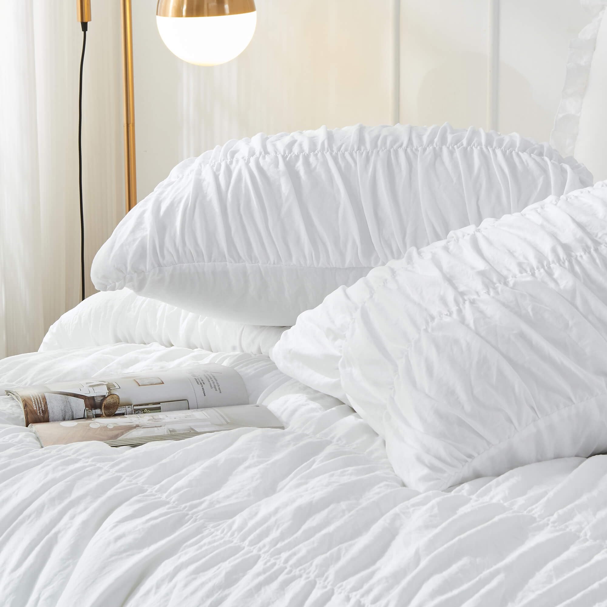 Queen Comforter Set - White Boho Shabby Chic Bedding - Fluffy 3 Piece Ruffle Comforter with Pillow Shams - Perfect for Master Bedroom, Guest Room & Bohemian Home Decor