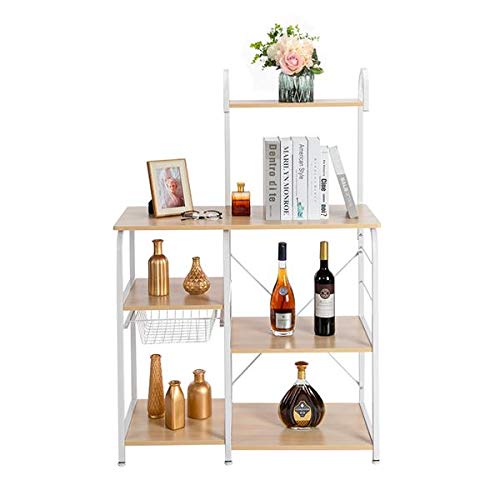 35.5 Inch Light Beige Kitchen Baker's Rack - 4-Tier Microwave Stand with 10 Hooks & Spice Rack Organizer - Sturdy Utility Storage Shelf for Small Spaces, Pantry Organization & Kitchen Workstation