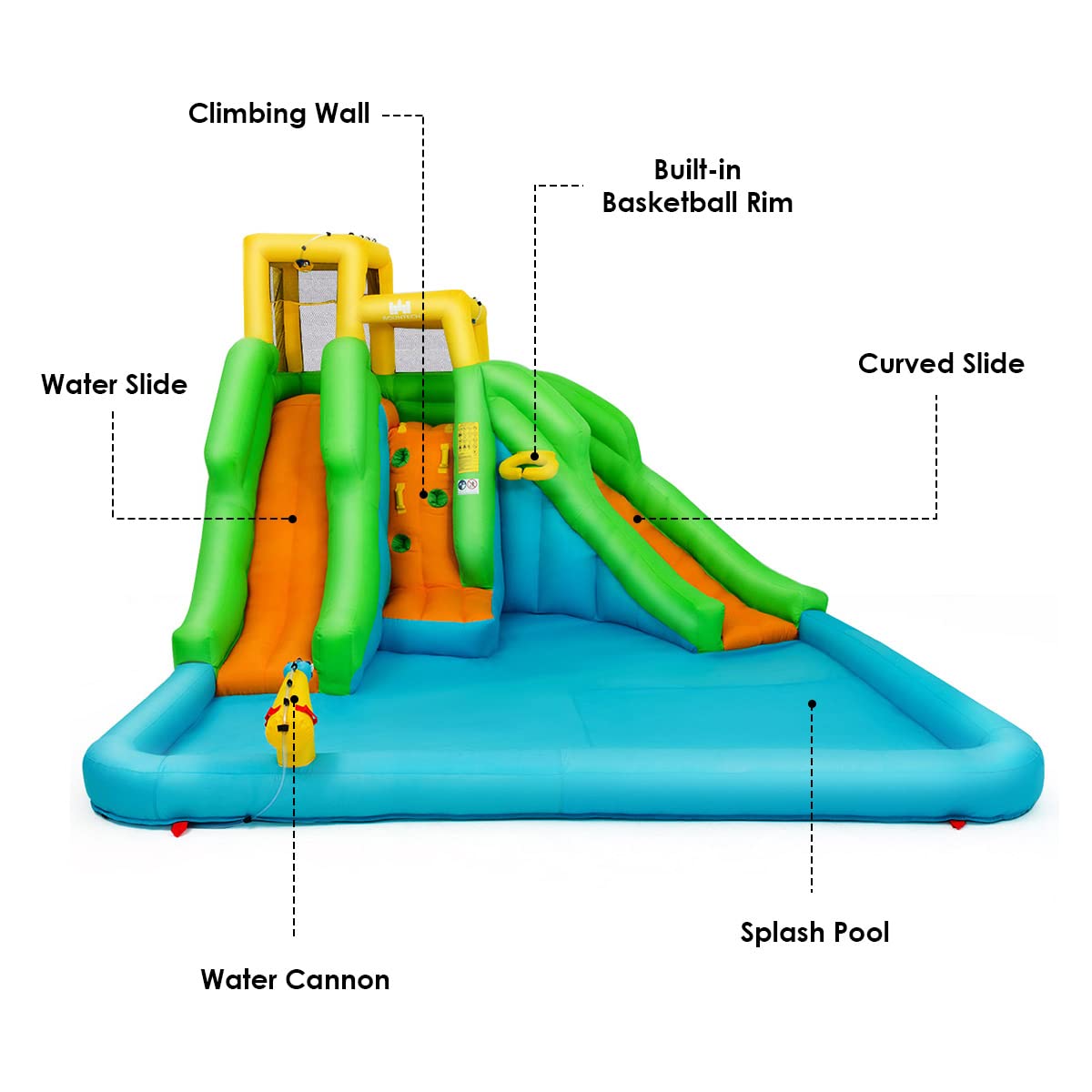 GLACER Kids Inflatable Bouncer Slide - Indoor/Outdoor Bounce House with Splash Pool, 2 Water Slides, Climbing Wall, Basketball Hoop & Water Cannon - Backyard Water Park for Ages 3-10 (Air Blower Not Included) | Perfect for Summer Parties, Birthday Celebrations & Outdoor Family Fun