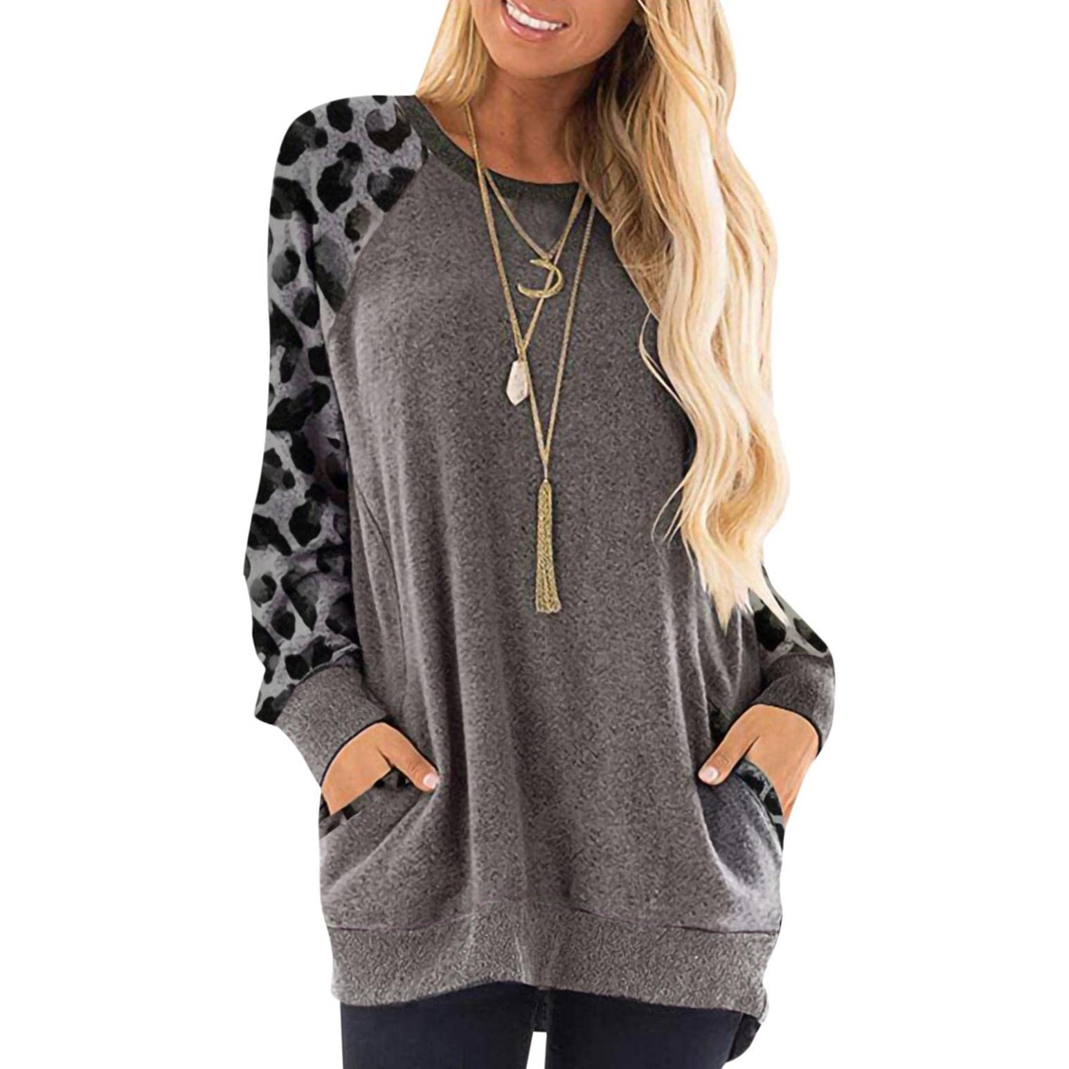 Women's Long Sleeve Casual Shirts - Color Block Round Neck Pocket T-Shirts & Blouses for Everyday Wear | Perfect for Work, Outings, and Layering