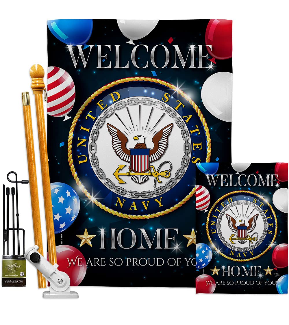 Breeze Decor Navy Welcome Home Garden House Flags Kit - USN Seabee Military Veteran Retiree Official Double-Sided Yard Banner (28