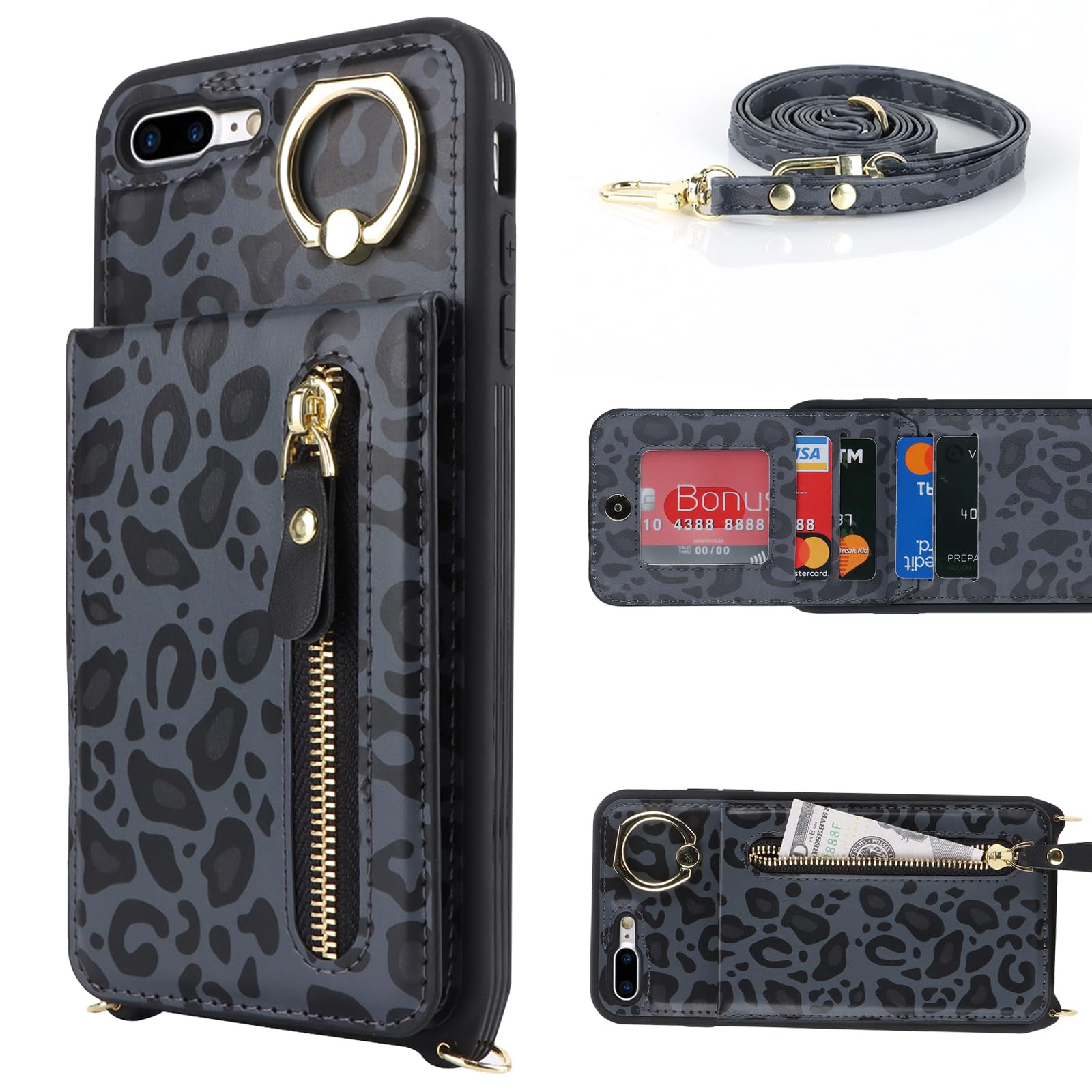 iPhone 7 Plus/8 Plus Wallet Case with Card Holder, Wrist Strap & Ring Stand - Crossbody Phone Purse for Women | Black Leopard Print | Perfect for Travel, Shopping & Everyday Use