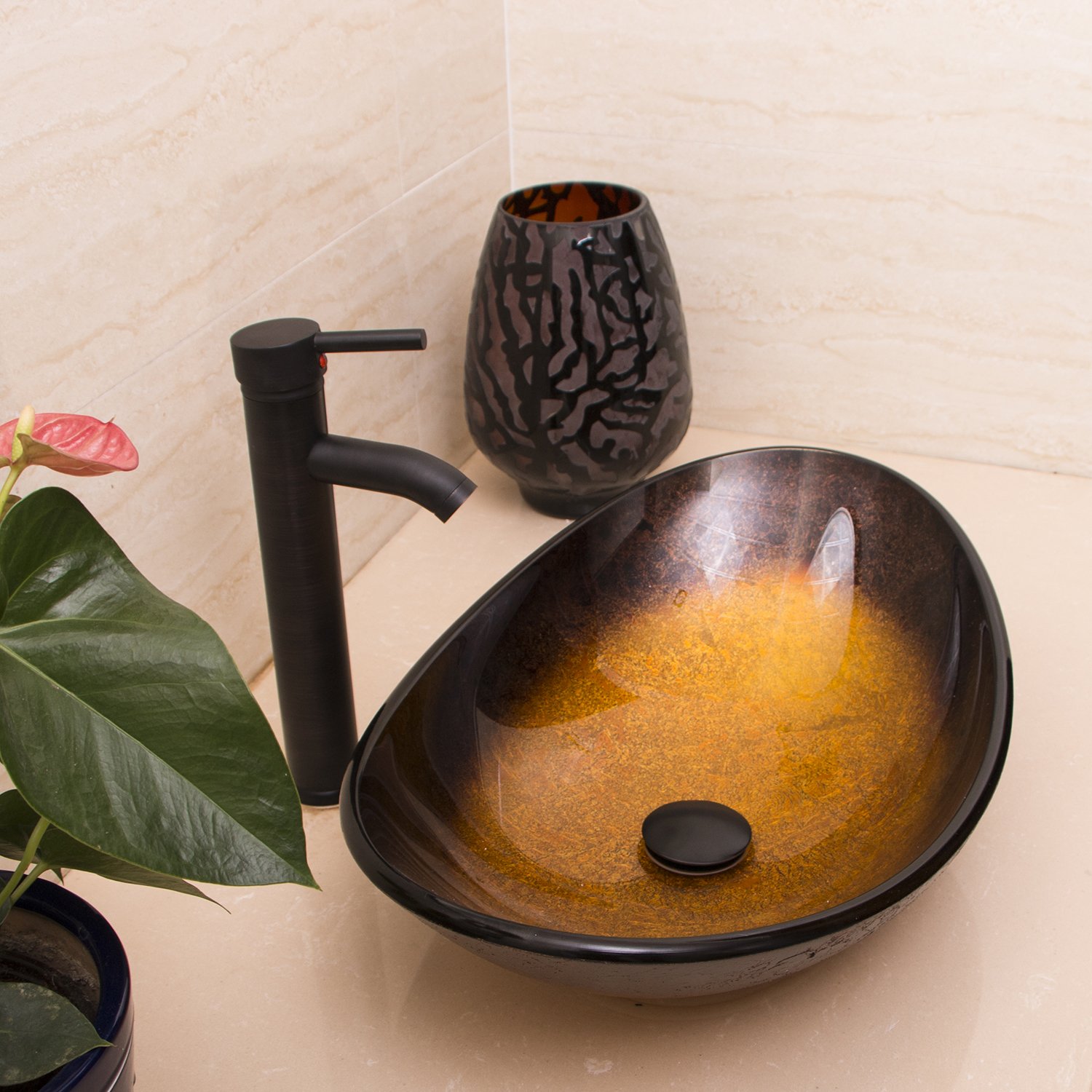 Artistic Oval Glass Vessel Sink for Bathroom with Oil-Rubbed Bronze Faucet & Drain - Modern Boat-Shaped Bathroom Vanity Sink for Luxury Home Decor & Spa Retreats