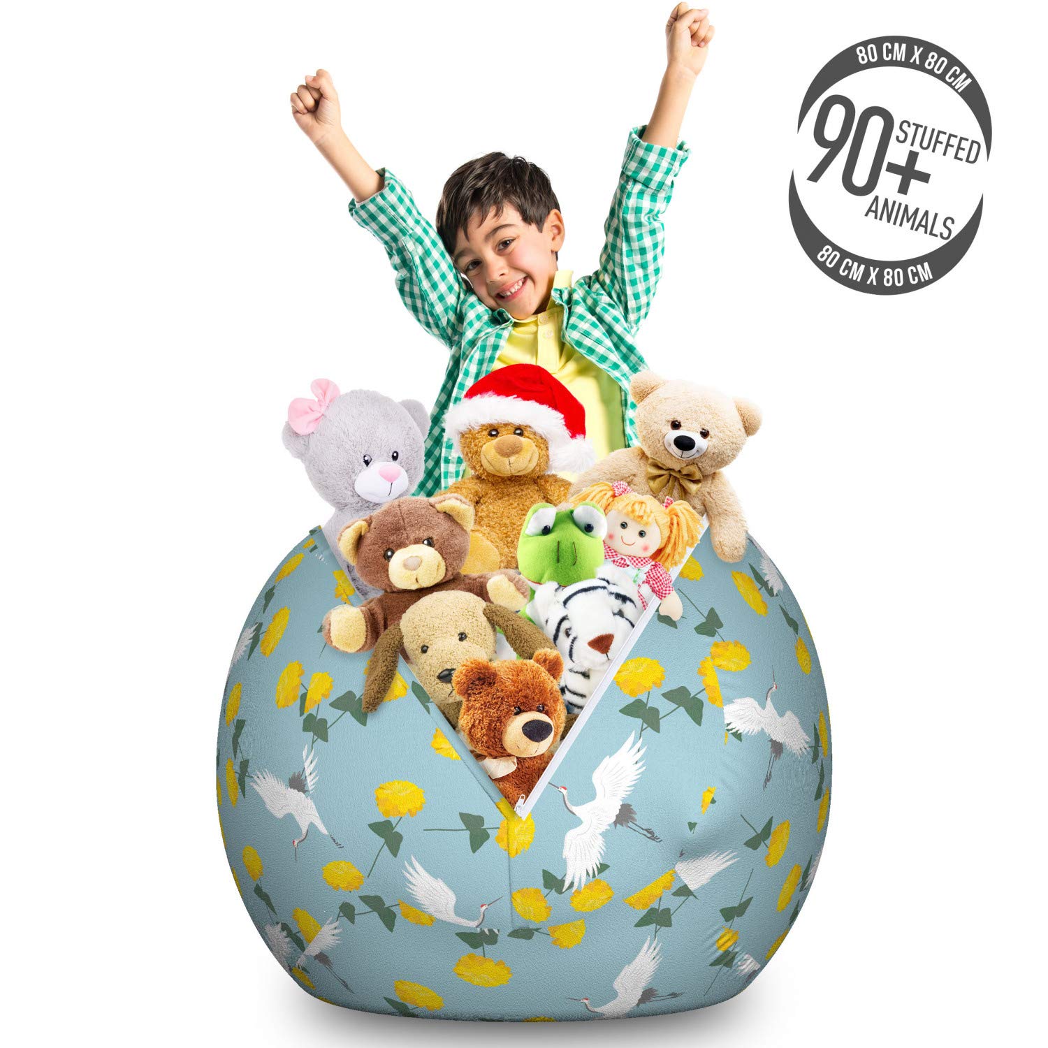 Ambesonne Yellow Bird Storage Toy Bag Chair - Flying Cranes & Flowers Pattern Stuffed Animal Organizer - Washable Large Size in Pale Blue & Yellow - Perfect for Kids' Room, Playroom & Nursery Organization