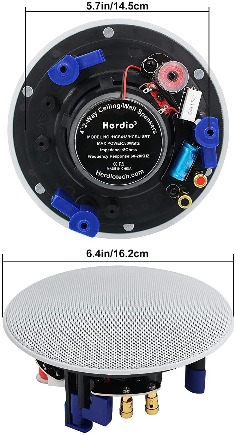 Herdio 320 Watts 2-Way Flush Mount Ceiling Speakers (4 Inches, Set of 4) - Perfect for Bathroom, Kitchen, Living Room & Office - High-Quality Sound for Home Theater, Background Music & Multi-Room Audio Systems