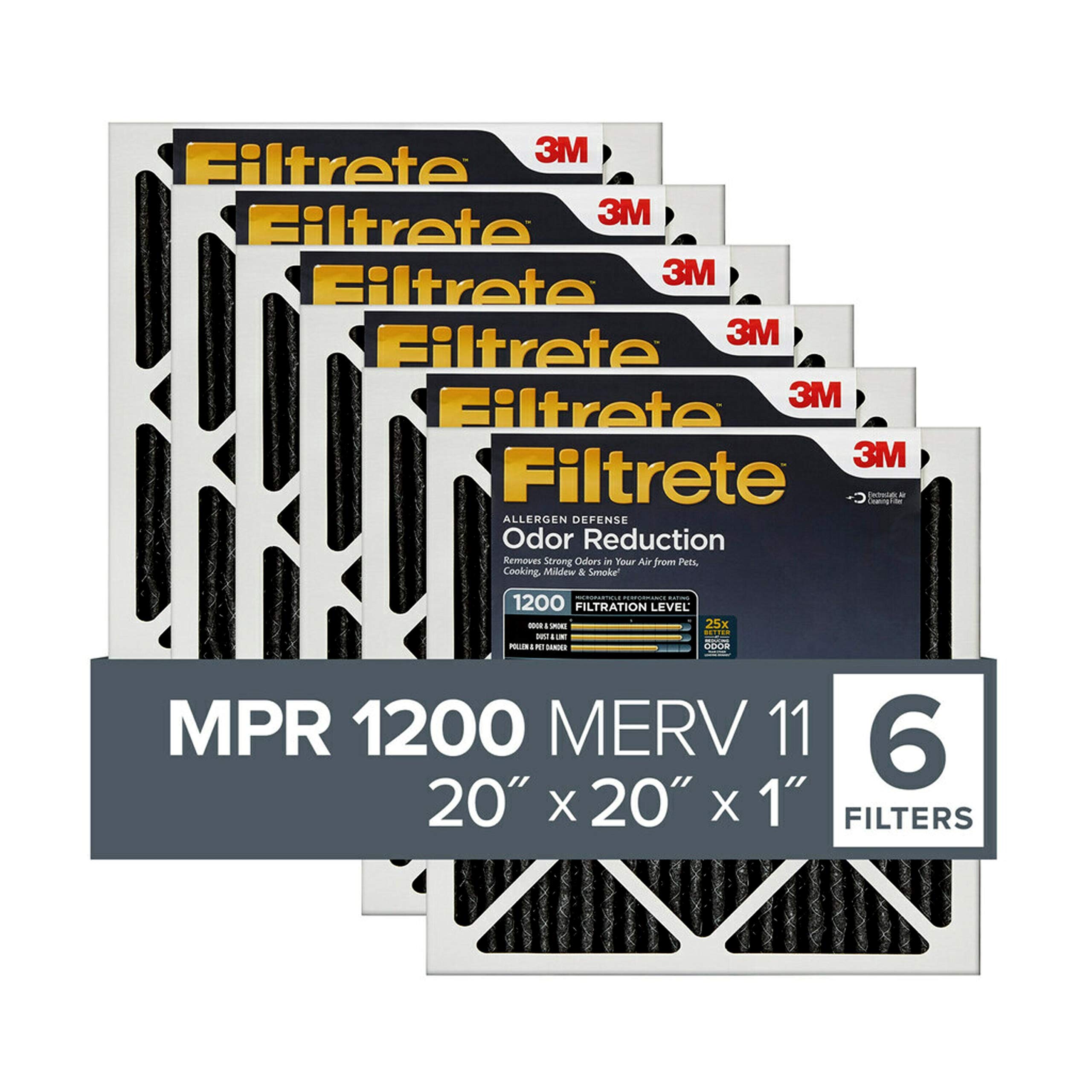 Filtrete 20x20x1 Air Filter MPR 1200 MERV 11 - 6 Pack Allergen Defense & Odor Reduction Pleated HVAC Filters (3-Month Replacement) for Home, Office & Bedroom Air Purification