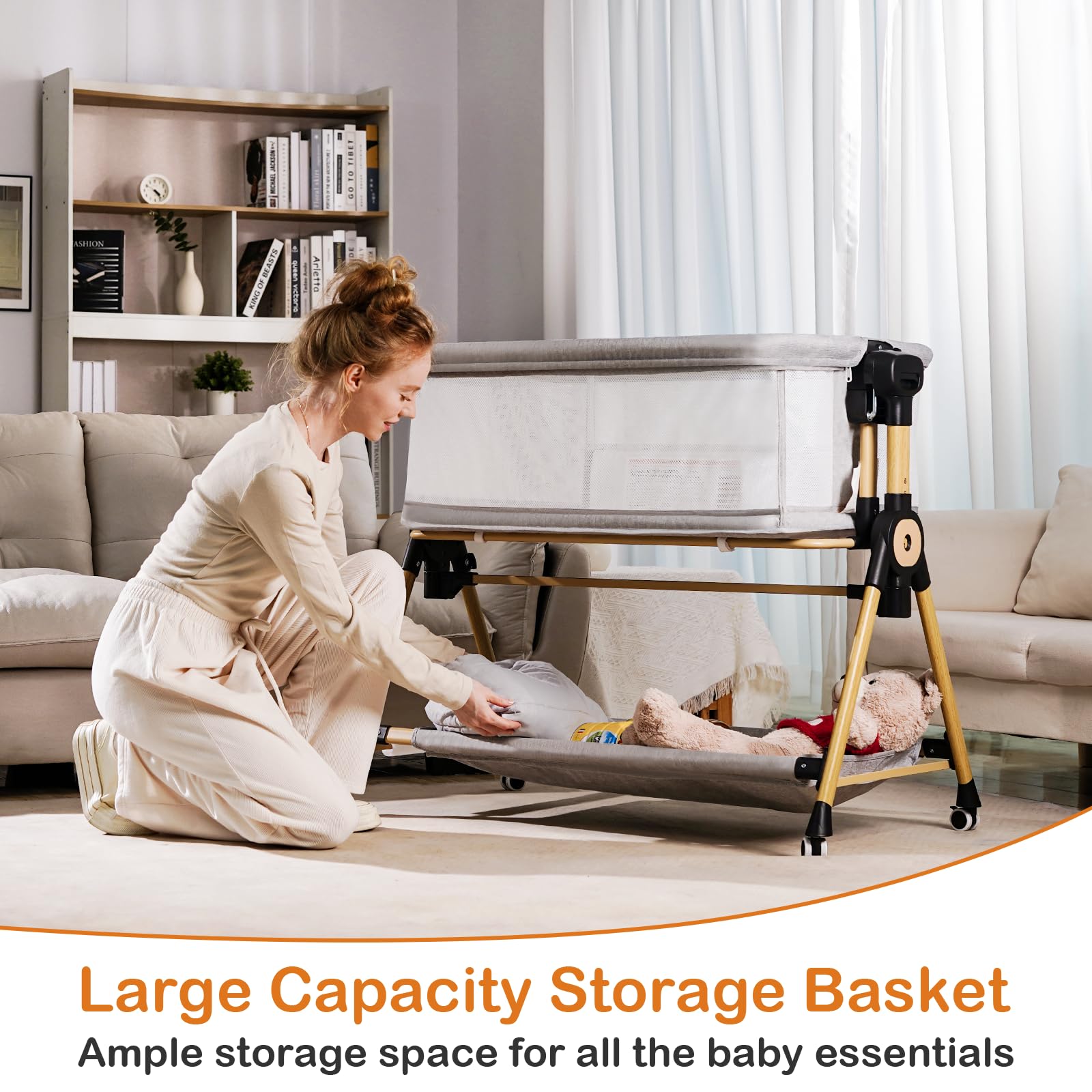 **Portable Baby Bassinet with Adjustable Height & Storage - 6-Level Bedside Sleeper for Newborns, Breathable Mesh Sides, Wheels & Rocking Function - Perfect for Nursery, Co-Sleeping & Travel**