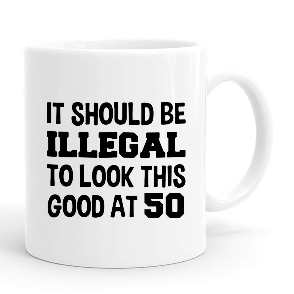 Funny 50th Birthday Coffee Mug for Women - 'It Should Be Illegal to Look This Good at 50' - 11 oz Novelty 1969 Vintage Gift for Her, Mom, Wife, Sister, Daughter, Grandma & Coworker - Perfect for Birthday Celebrations, Office Gifts & Retirement Parties