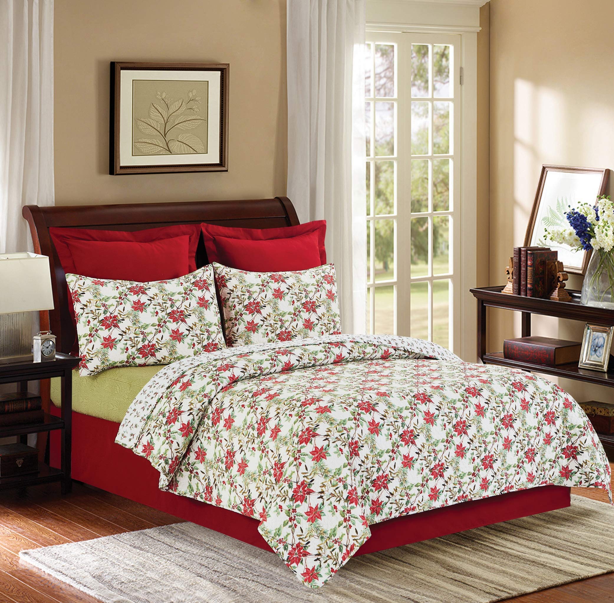 C&F Home Eve Reversible King Quilt Set - Red & Green Botanical Holly Sprig Christmas Design - 3 Piece Bedding Set for Holiday Decor (King Size) - Perfect for Festive Bedroom Makeover and Winter Home Styling
