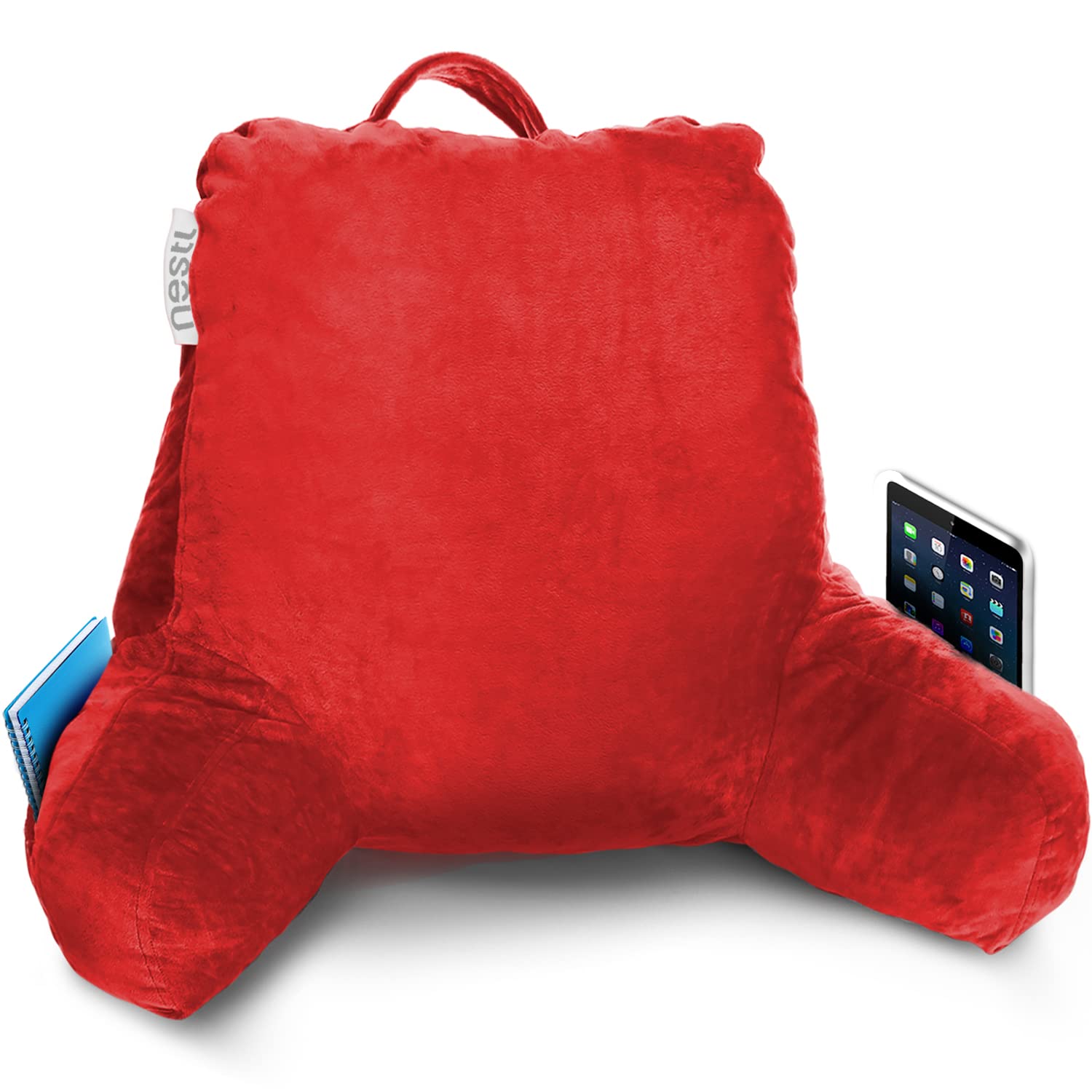 Nestl Reading Pillow - Shredded Memory Foam Back Support Pillow for Sitting in Bed, Reading, or Relaxing - Cherry Red Bed Chair Pillow with Pockets - Perfect for Reading, Watching TV, or Lounging in Bed