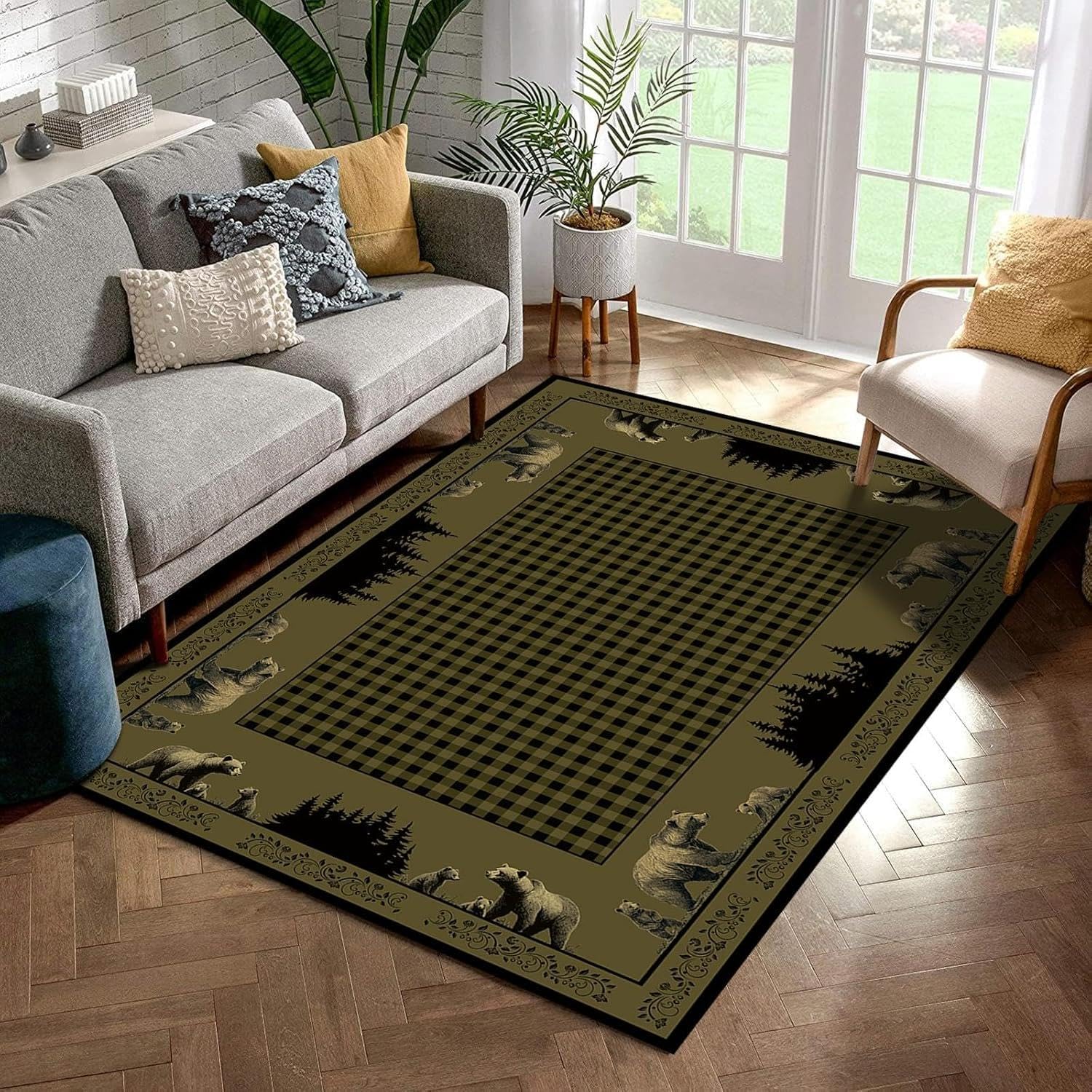 Rustic Bear Rug with Cub Scene - Non-Slip 5x8ft Lodge Decor Cabin Rug | Durable Washable Wildlife Rug for Living Room, Bedroom & Entryway | Perfect Country Home Floor Decor for Cozy Cabins & Hunting Lodges