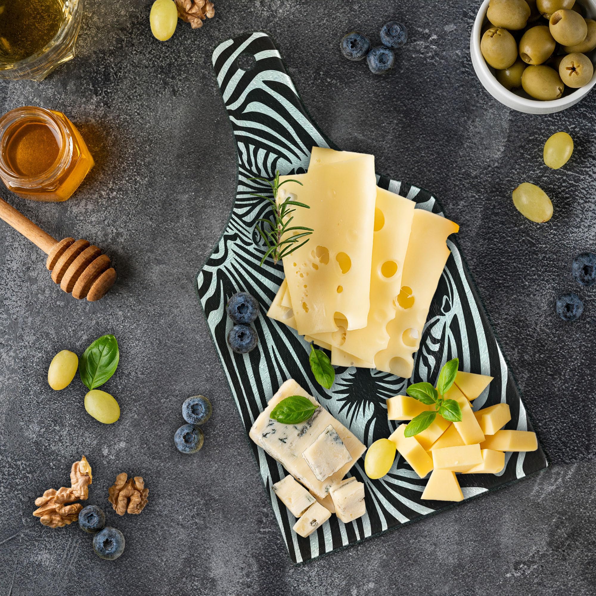 Ambesonne Savannah Tempered Glass Cutting Board - Zebra Eyes Face Heads Wild Animal Design, Charcoal Grey & White Wine Bottle Shape - Perfect for Kitchen Prep, Charcuterie Serving & Party Entertaining