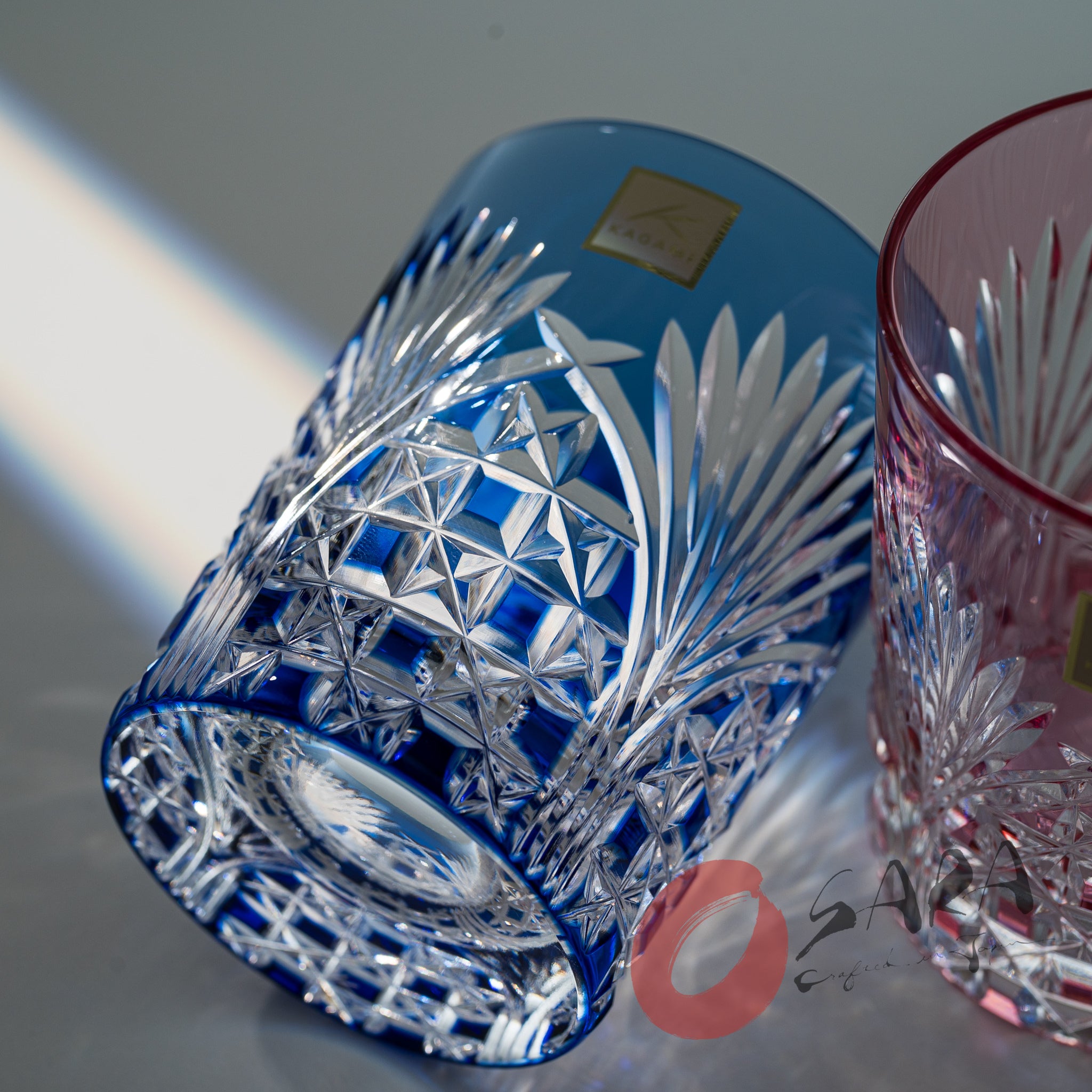 KAGAMI Crystal Edo Kiriko Pair Whiskey Glasses Set - 240ml Handcrafted Japanese Cut Glass with Bamboo Leaf Design - Perfect for Whiskey Tasting, Home Bar Decor & Luxury Gift Giving