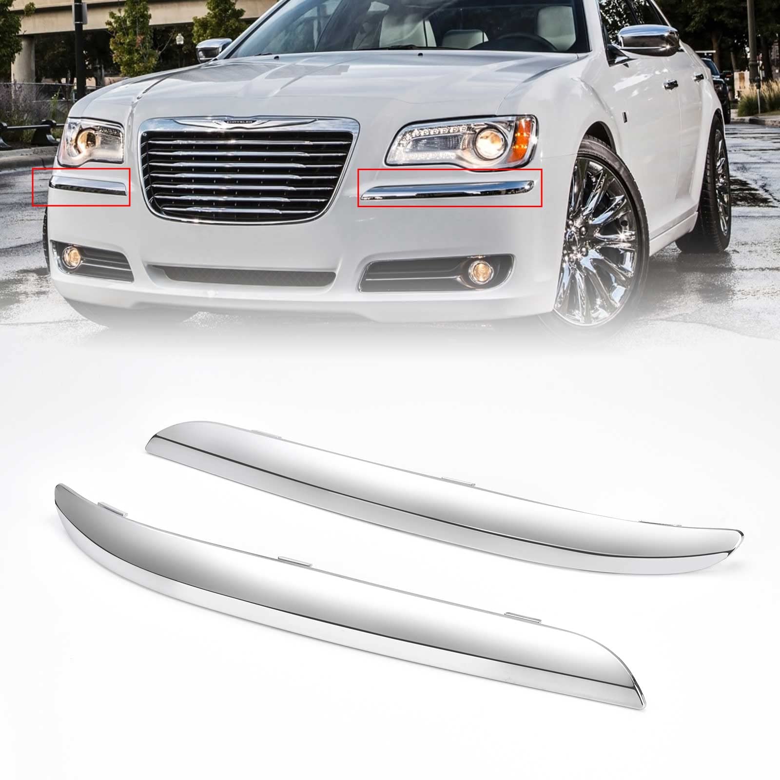 Chrysler 300 Front Bumper Molding Trim Chrome Cover - Left & Right Side Replacement for 2011-2014 Models - Fits Part Numbers CH1046103 CH1047103 68127941AB 68127940AB - Perfect for Car Restoration & Auto Body Repair