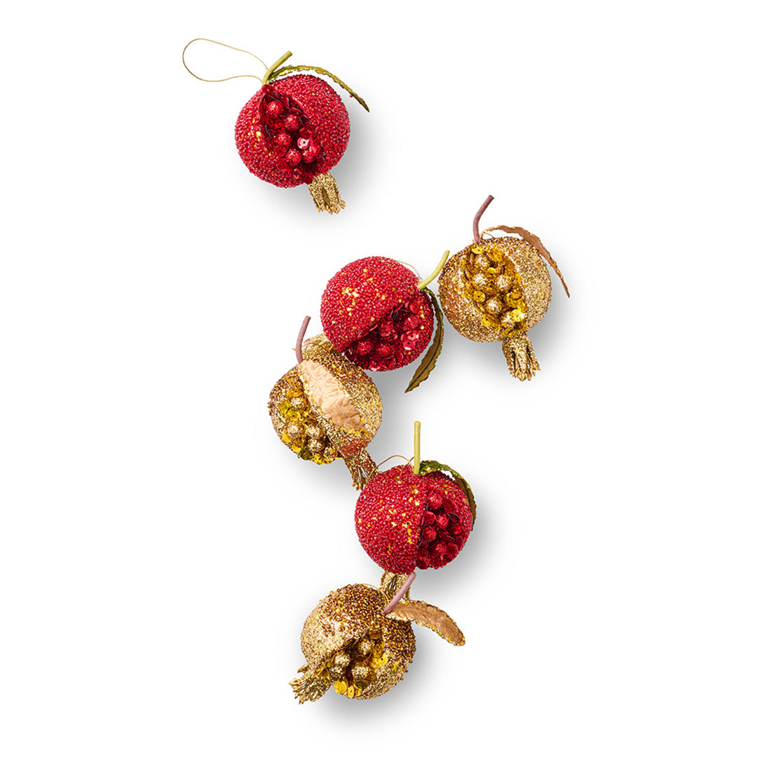 Red & Gold Pomegranate Christmas Ornaments - Set of 6 Handmade Holiday Decorations for Tree, Wreath, and Festive Home Decor