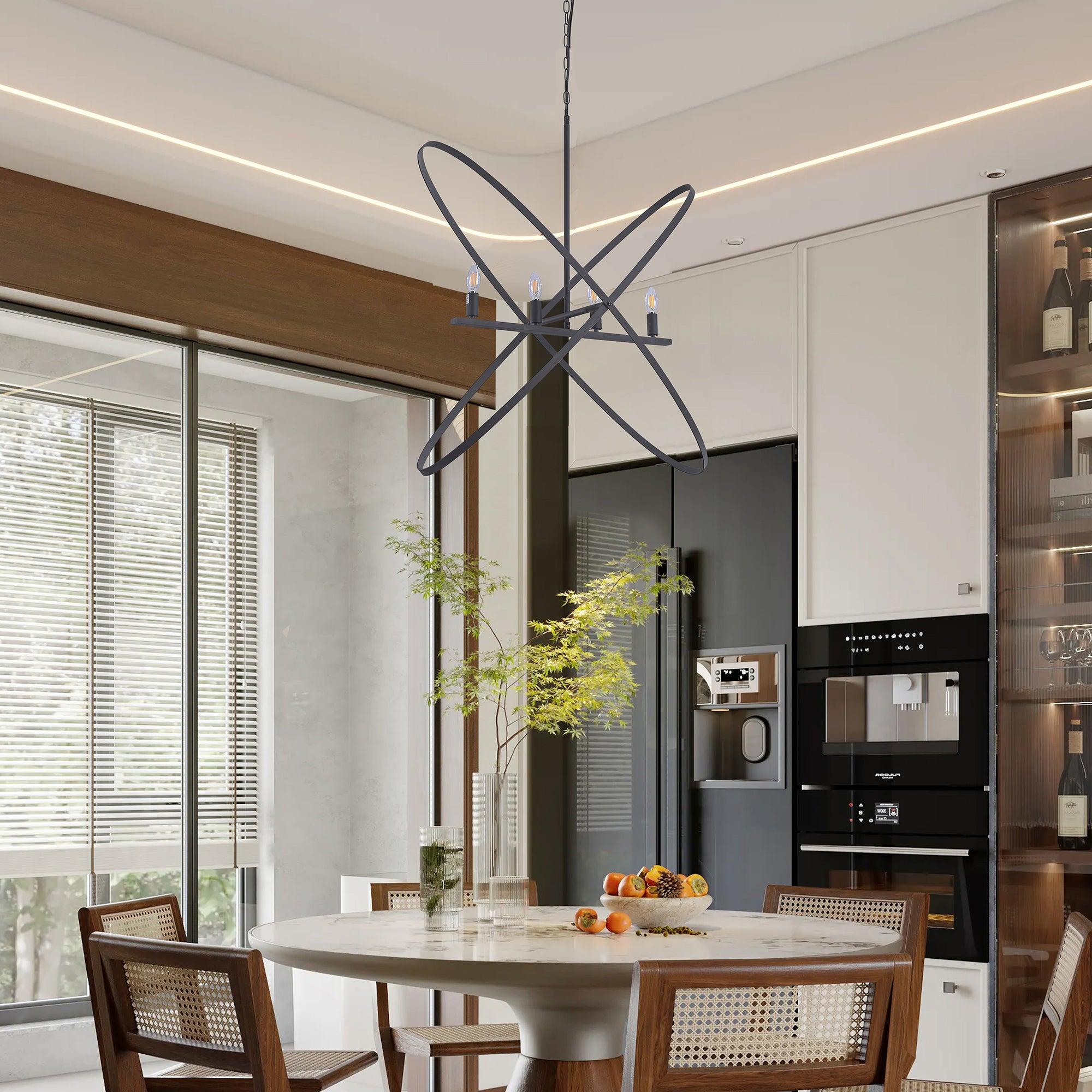 29L x 15W x 37.5H 4-LED Matte Black Atom Brass Metal Pendant Light - Modern Industrial Ceiling Fixture for Dining Room, Kitchen Island & Living Room